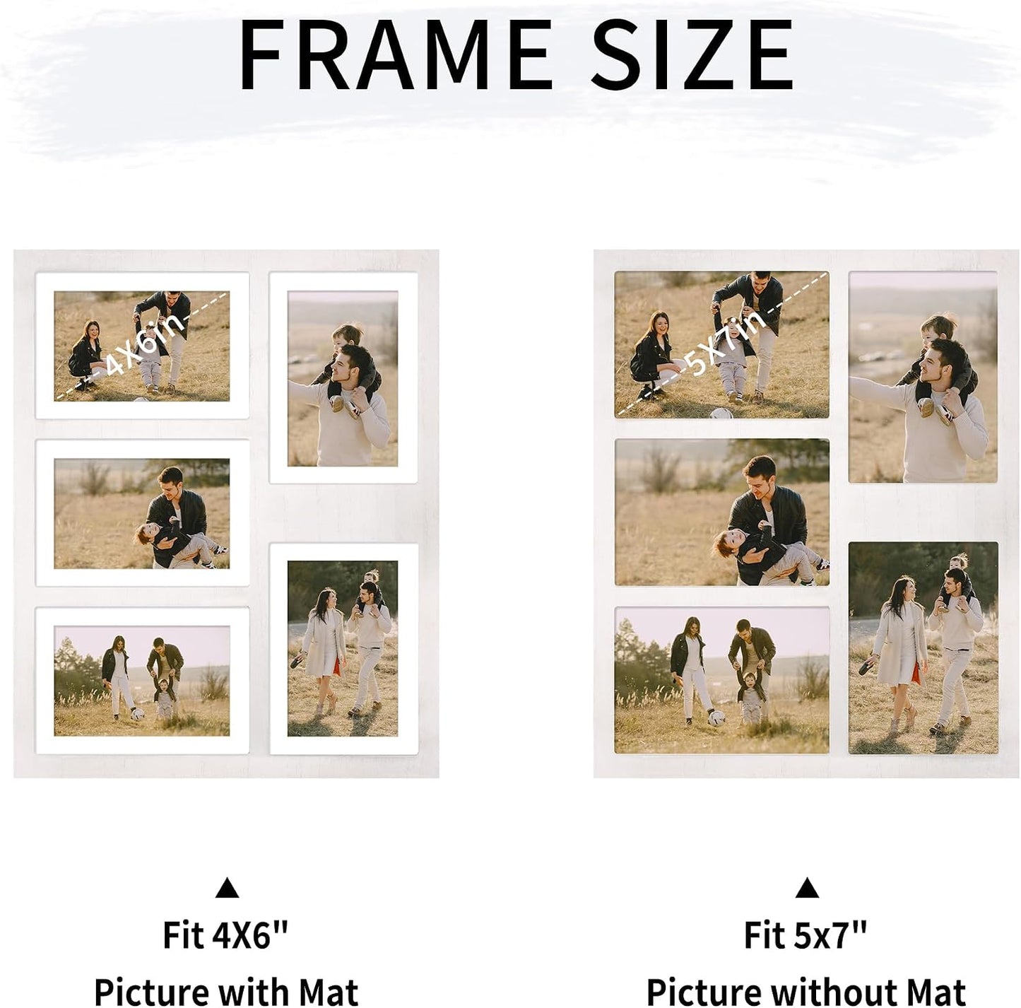 YESKAY 4x6 or 5x7 Picture Frames, White Rustic Wooden Frame with Real Glass, Displays Pictures Five 4x6 with Mat or