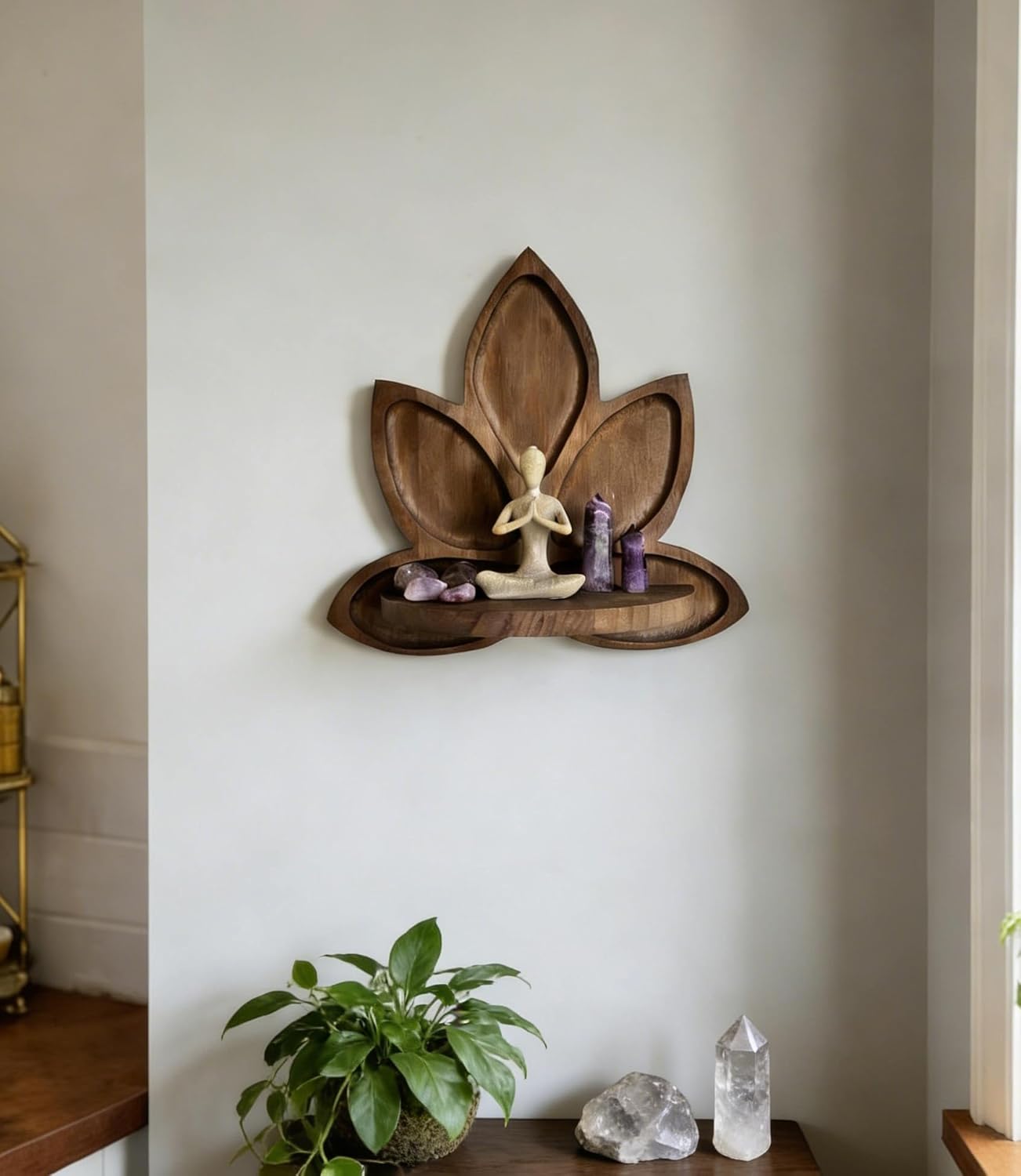 Small Carved Lotus Flower Wooden Floating Wall Shelf / Walnut
