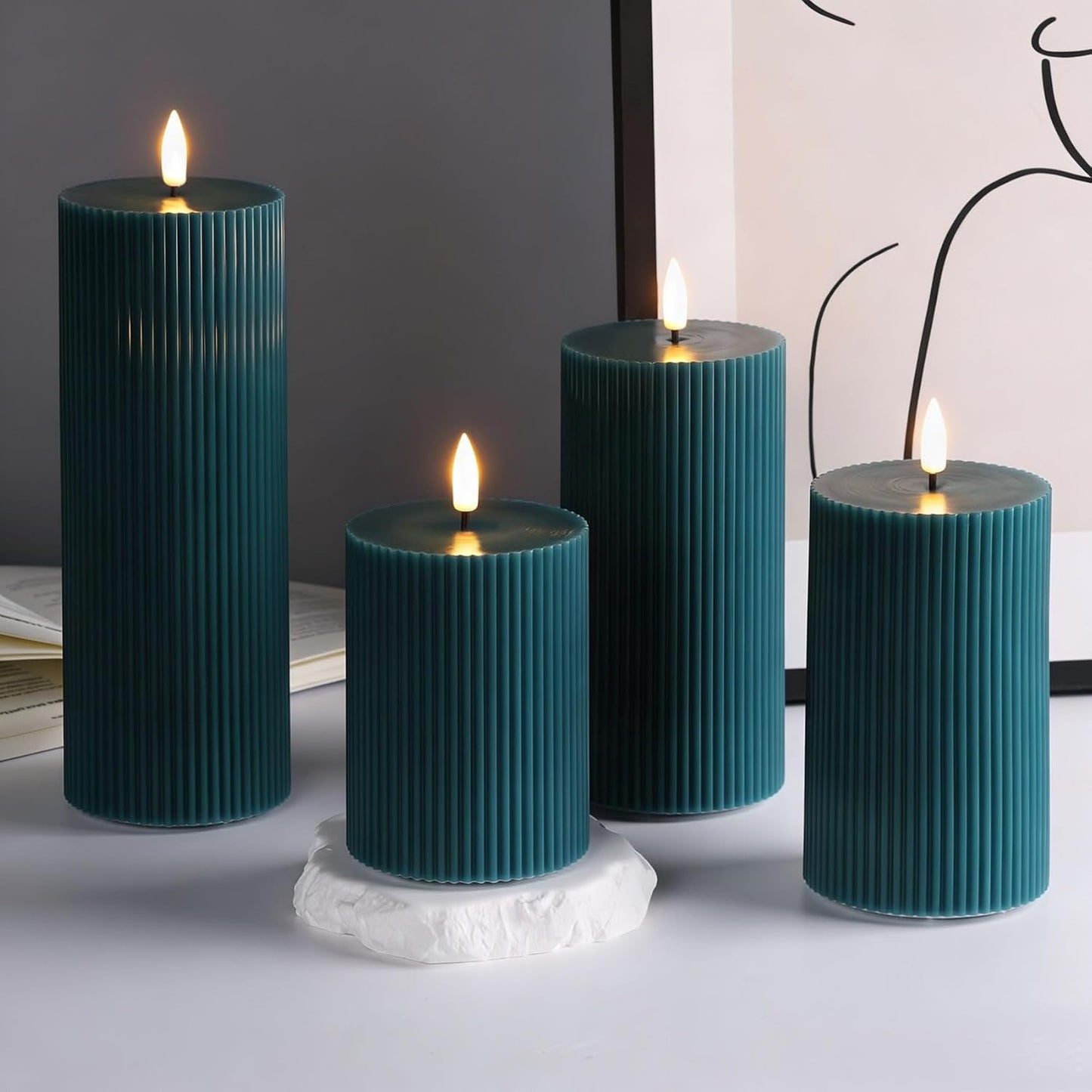 Ribbed Flameless Pillar Candles / Green / Set of 4