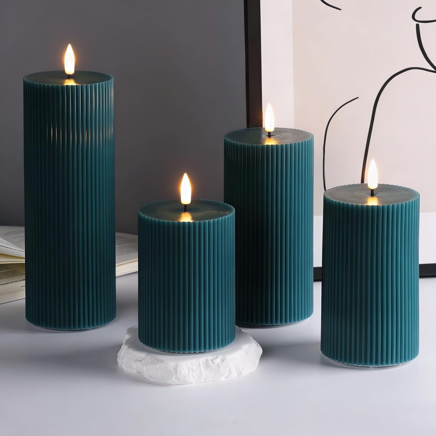Ribbed Flameless Pillar Candles / Green / Set of 4