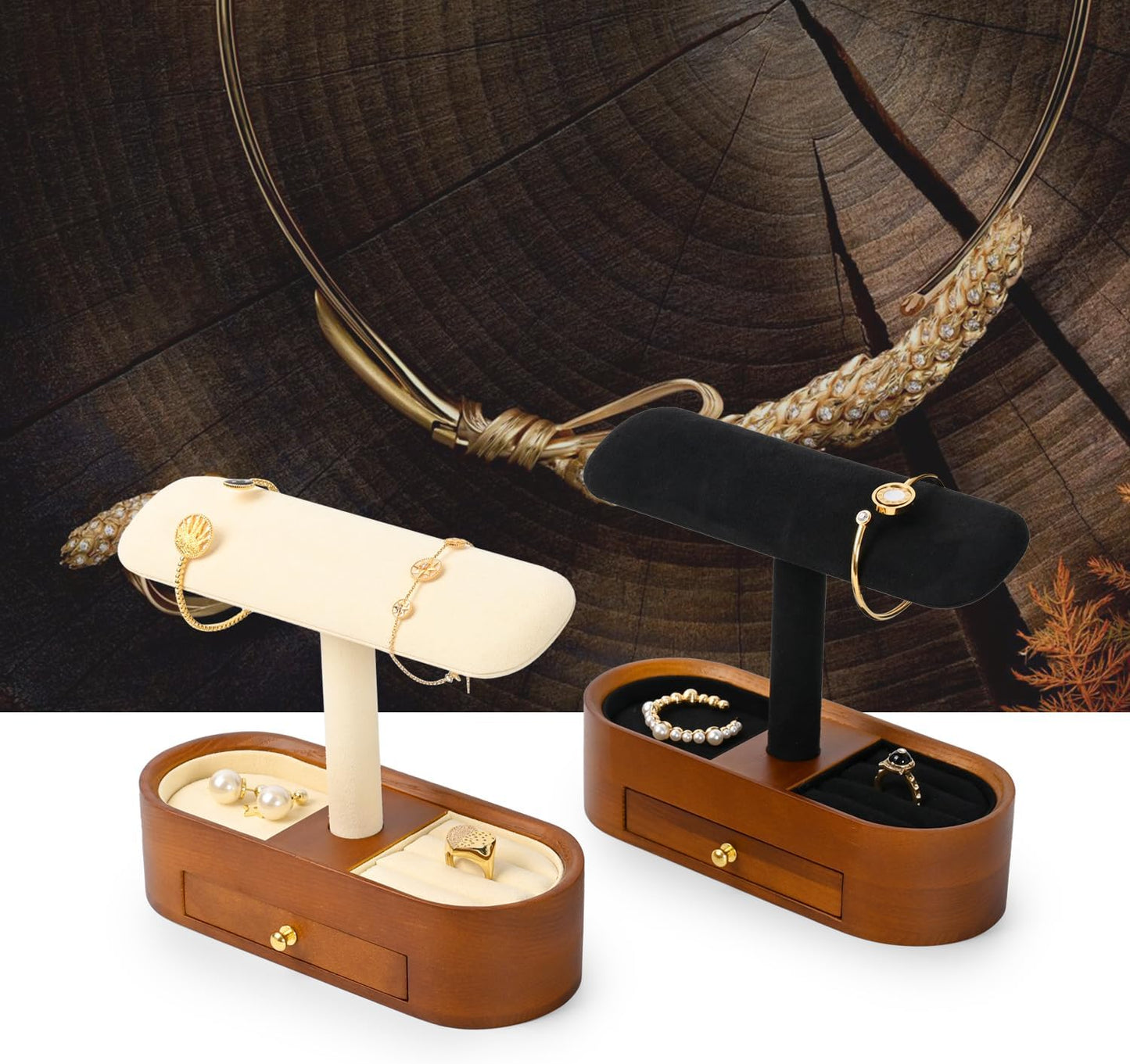 Oirlv Solid Wood Watch Stand with Drawer T-bar Watch Holder Organizer for Men and Women Showcase Bracelet Bangle