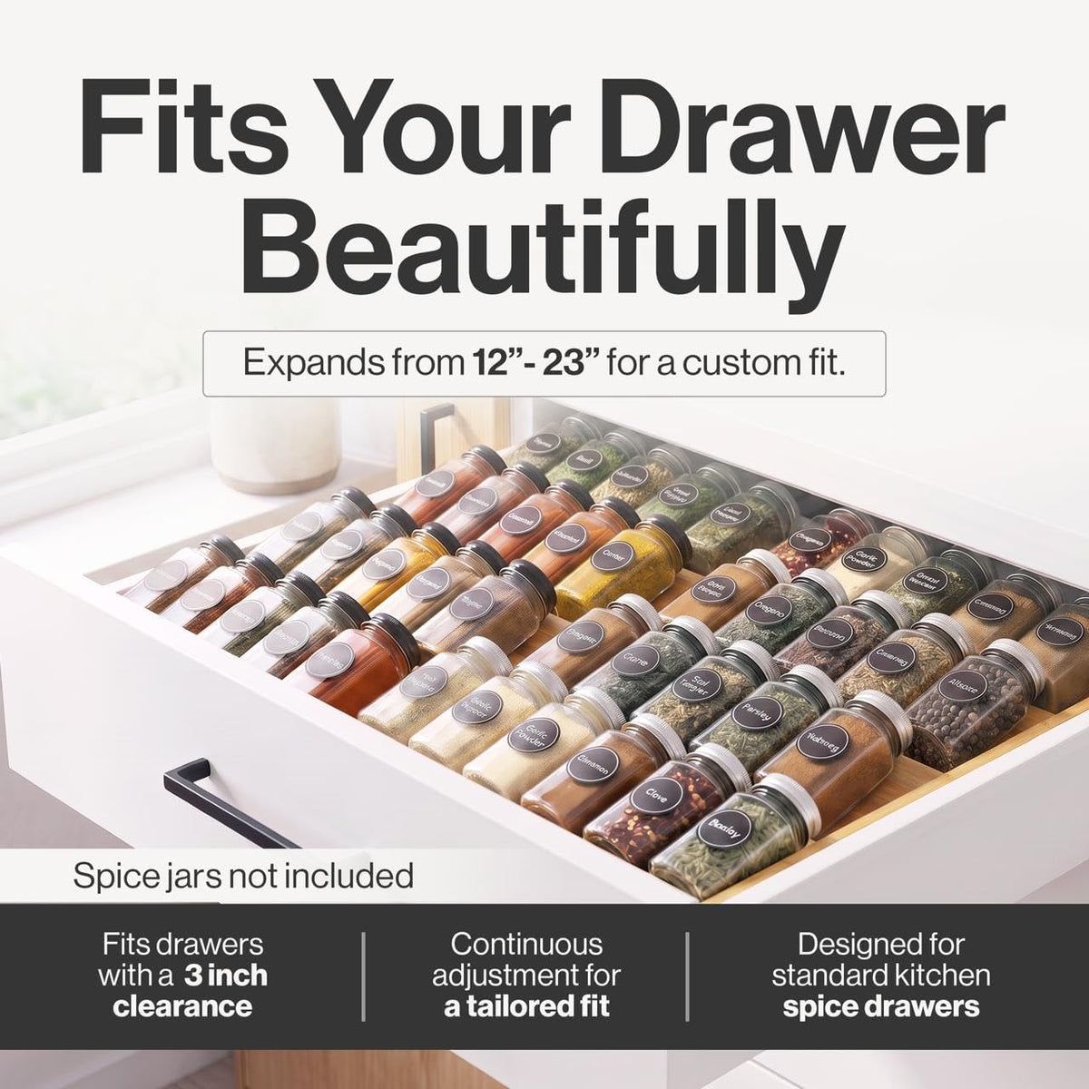 Bamboo Spice Drawer Organizer, Expandable 12 to 23 Inch Insert Holds 48 Jars, 4 Tier Seasoning Rack for Kitchen Drawer