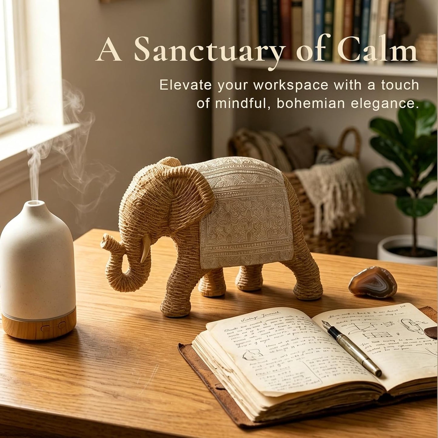 Elephant Statue Boho Home Decor Woven Detail Accent / Woven Gold