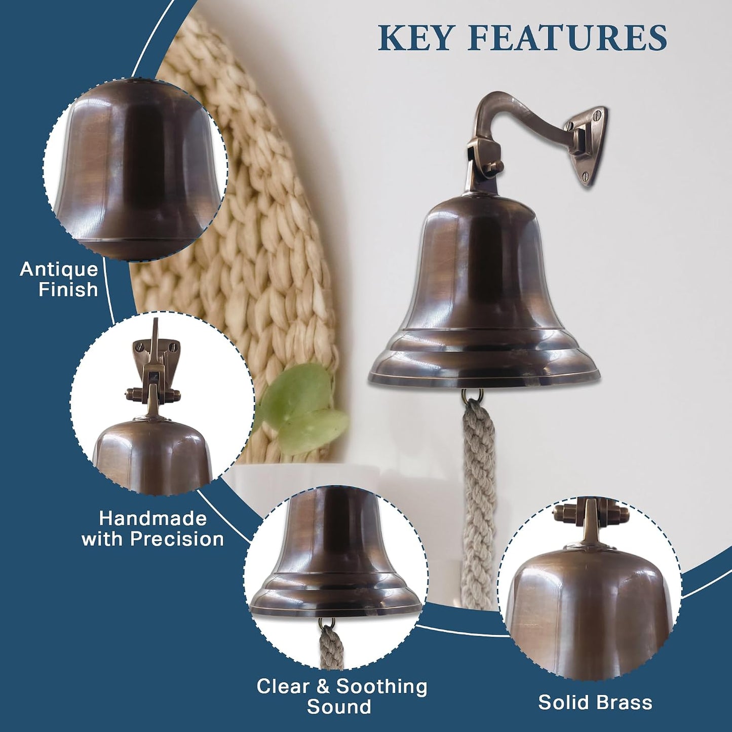 Solid Brass Wall Mounted Ship Hanging Antique Brass Bell for Reception, School, Outdoor, Indoor, Dinner & Chruch - 6