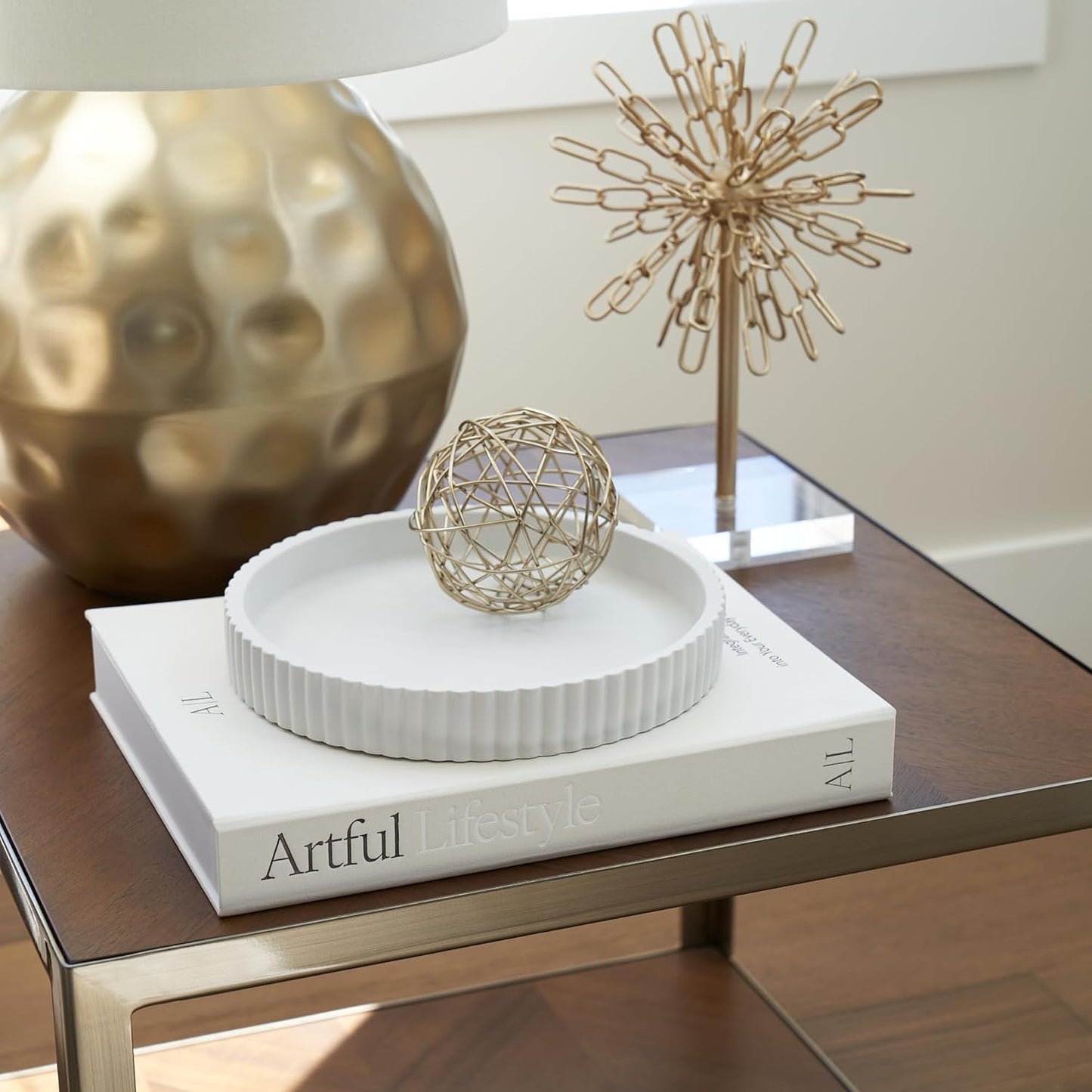 Scalloped Tray & Linen Box Coffee Table or Bookshelf Decor / Beige