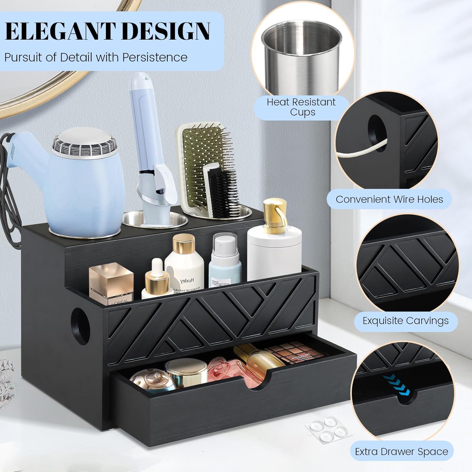 Hair Tool Organizer, Hair Dryer Holder with Drawer, Bathroom Countertop Organizer for Bathroom Accessories, Blow Dryer