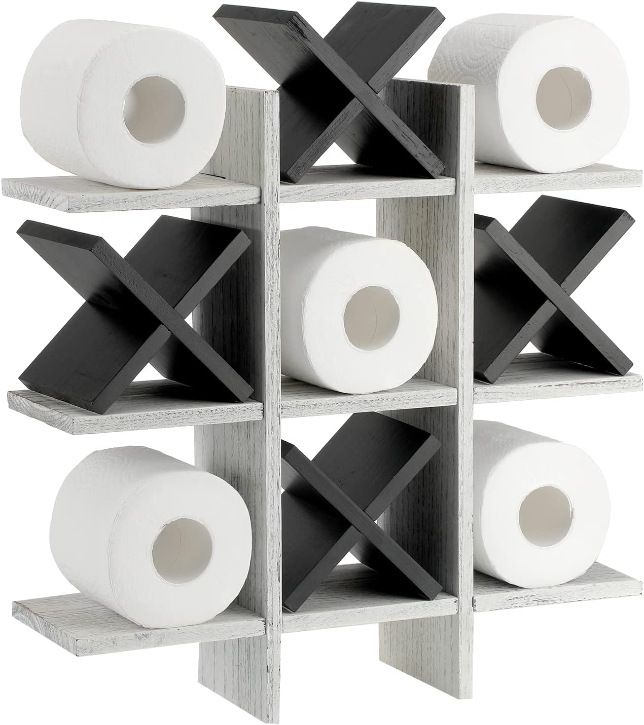 Weysat Tic Tac Toe Toilet Paper Holder,Retro White, Black | Farmhouse Bathroom Decor, Freestanding or Wall Mount