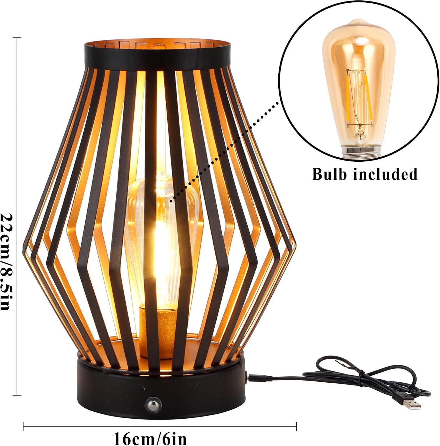 JHY DESIGN Dimmable Touch Bedside Table Lamp 8.5''H Rechargeable Metal Cage Lantern with LED Edison Style Bulb Cordless