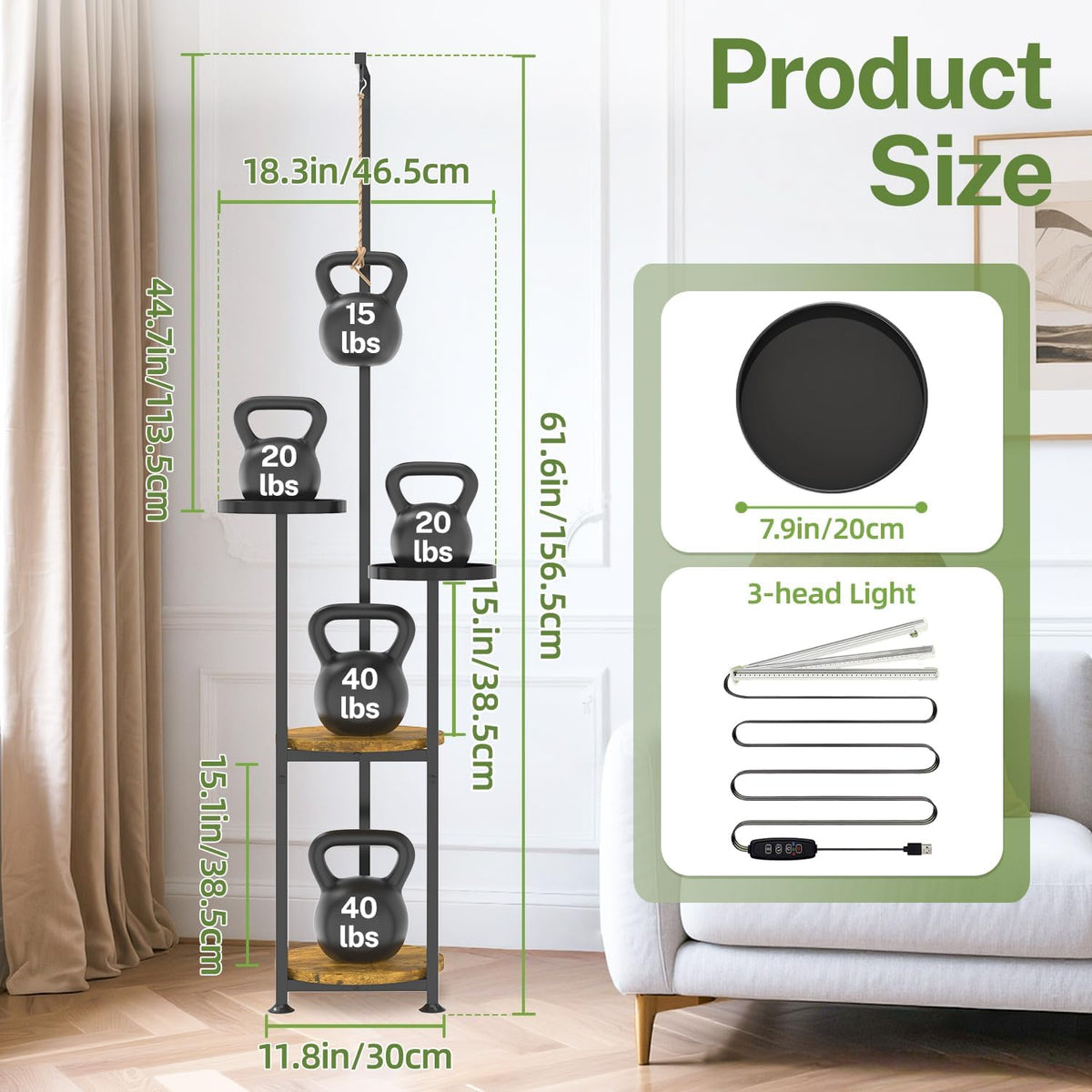 iDavosic.ly Hanging Plant Stand with Grow Light Indoor, 4 Tier, Black Brown | Tall Vertical Corner Metal Flower Shelf