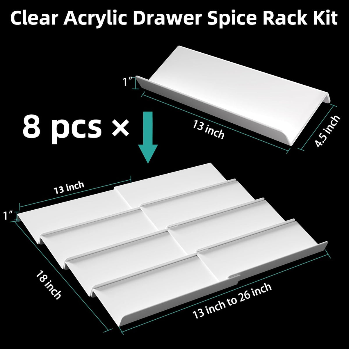MIUKAA White Spice Drawer Organizer, 4 Tier - 8 Pack Seasoning Organizer for Drawer, Expandable From 13" to 26" Kitchen
