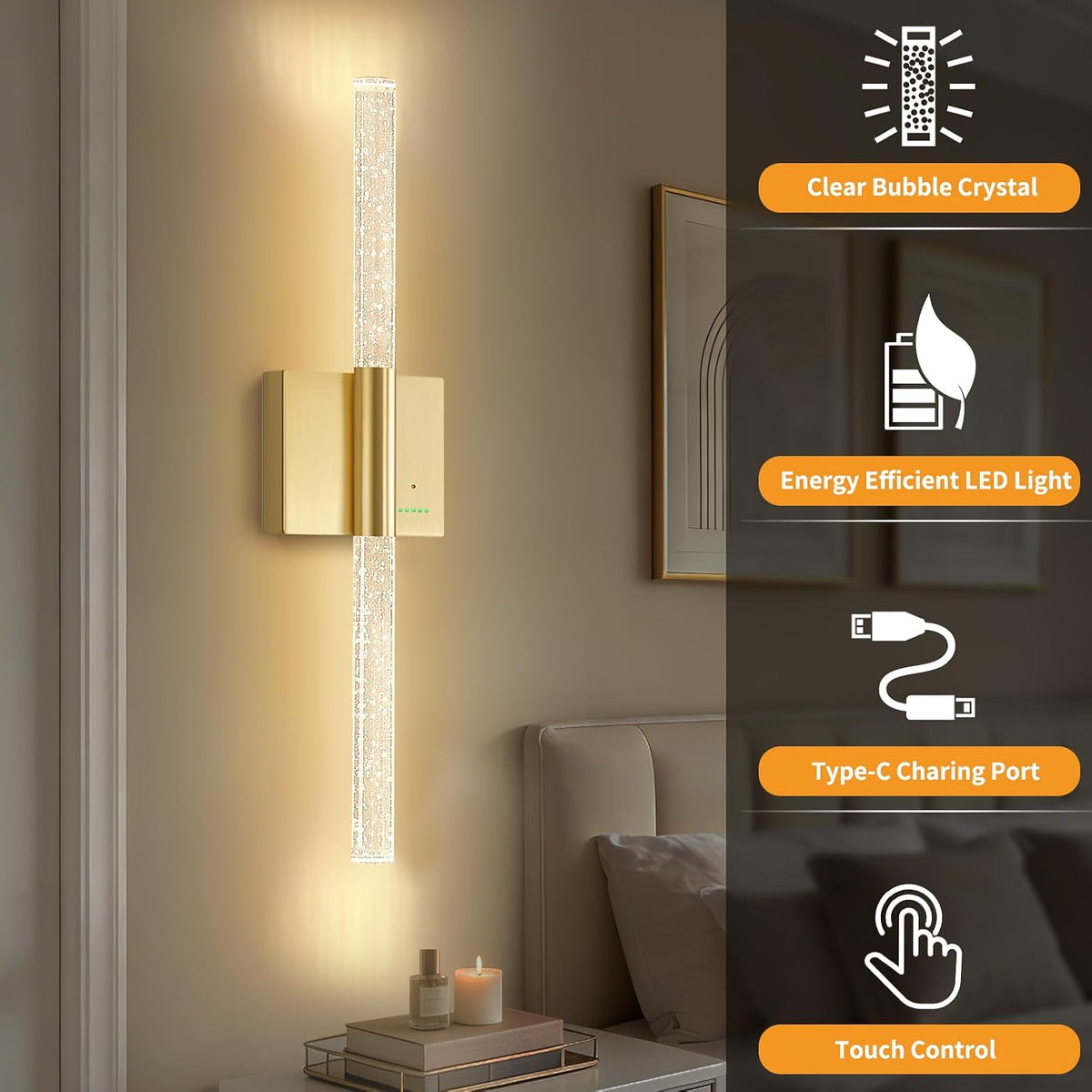 28” Wall Sconces Set of 2, Rechargeable Battery Powered Wall Light | Extra Large 8000mAh Battery Operated Dimmable Led