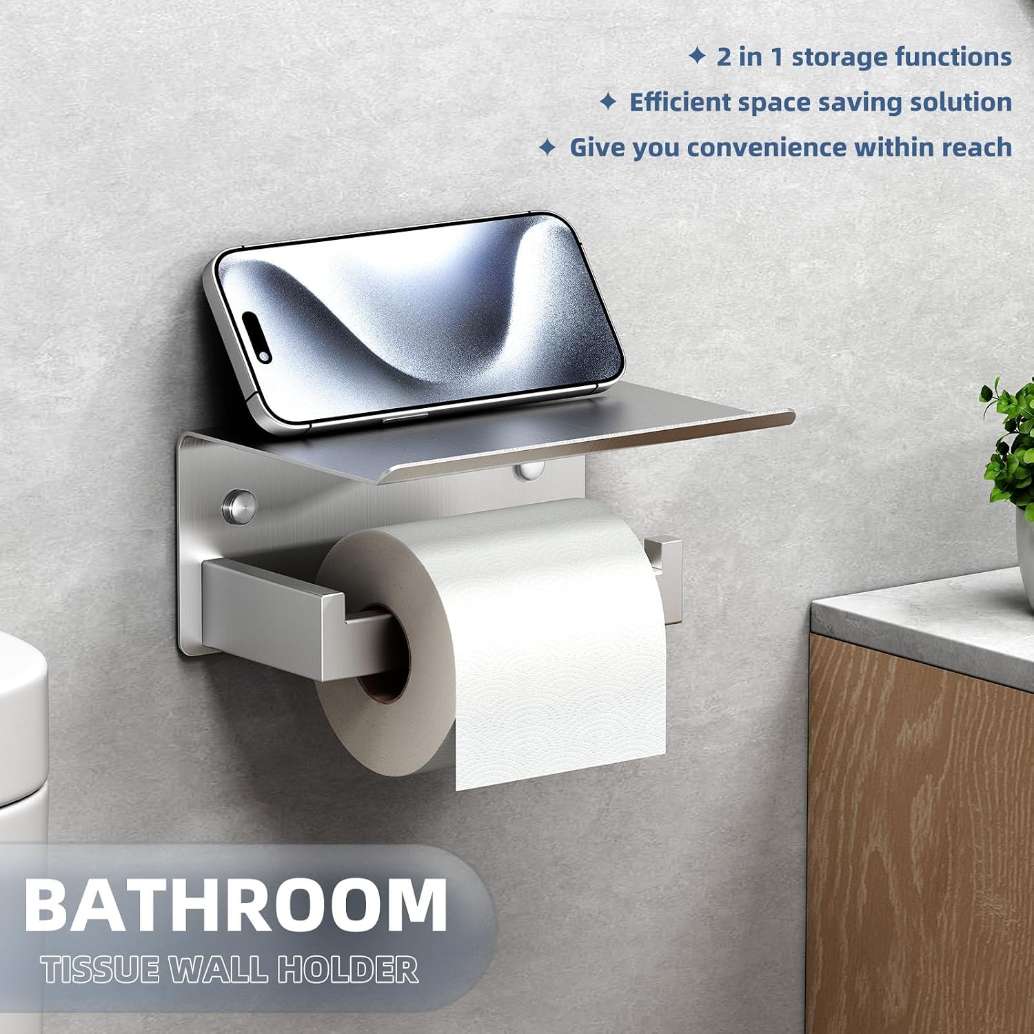 APLusee Toilet Roll Holder with Shelf, Brushed Nickel, 304 Stainless Steel | Phone & Small-Item Storage, Clean Modern