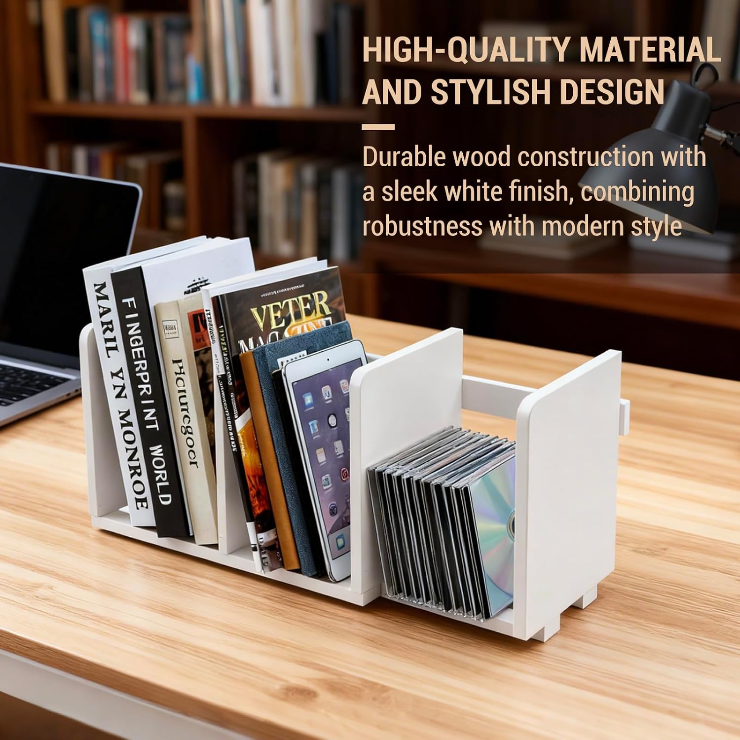 MyGift White Wood Desktop Bookshelf Organizer, Expandable Adjustable Rack | Expandable design adjusts to fit books