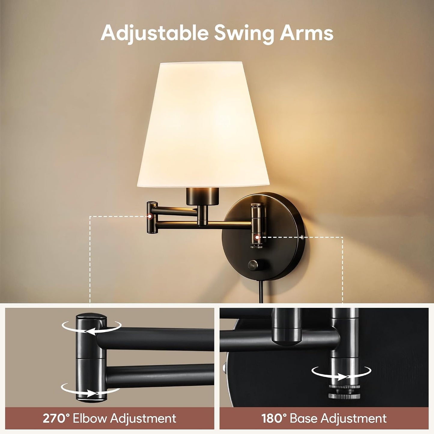 VONLUCE Wall Lamp, Plug in & Swing Arm Wall Sconce, Black Finish | Modern Wall Lights with White Fabric Shades, Plug in