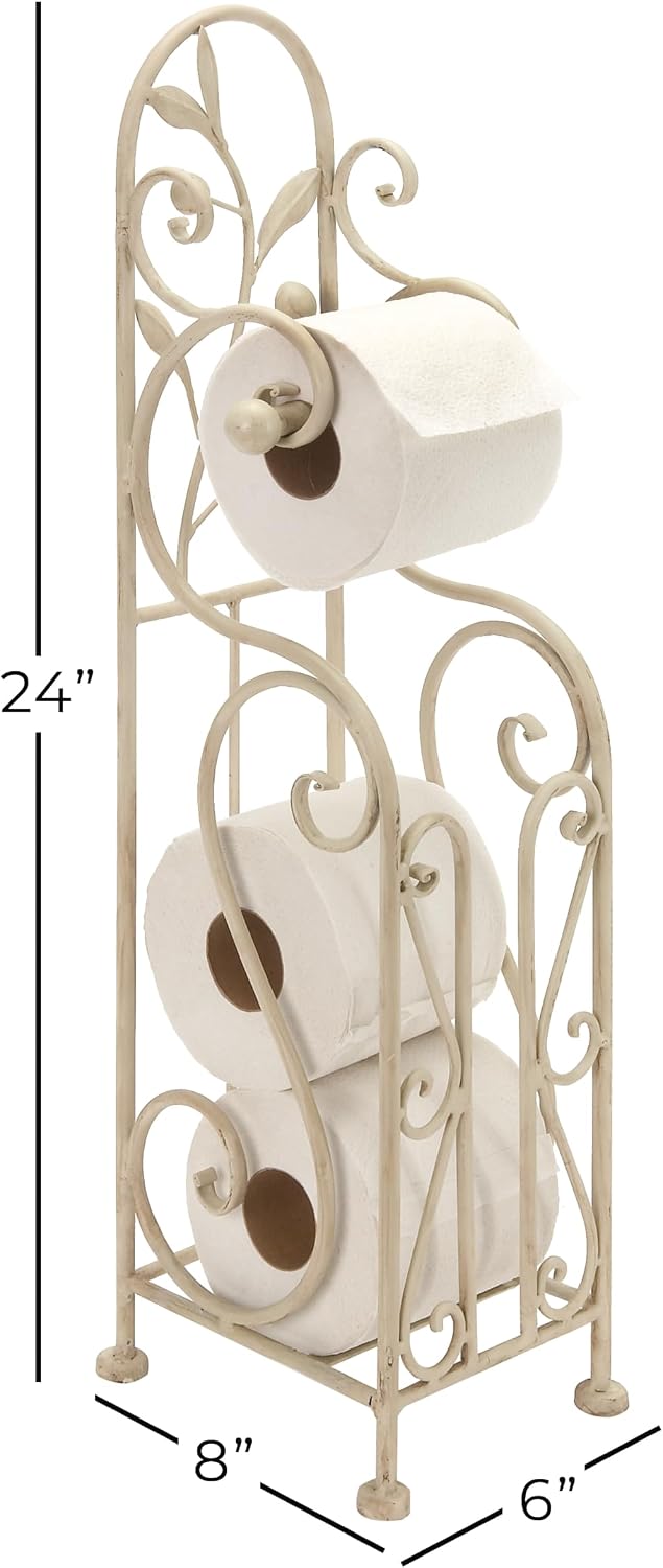 Deco 79 Metal Scroll Toilet Paper Holder with Space to Hold 3 Rolls, 8" x 6" x 24", Cream