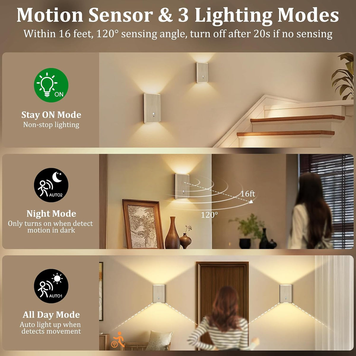 Eneru Motion Sensor Wall Sconce, Rechargeable Wireless Lights Indoor 4 Pack | 5000mAh Battery Powered, Remote 3CCT
