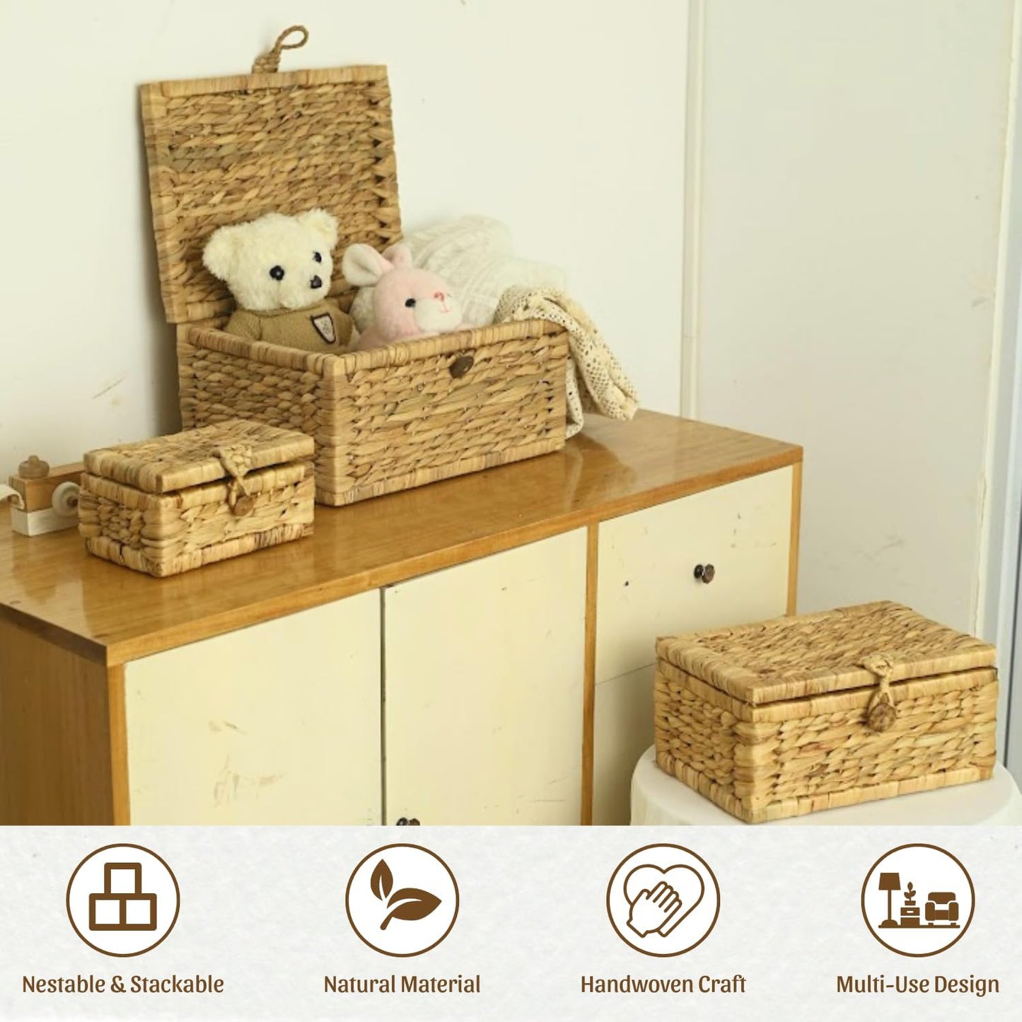 Wicker Storage Basket / Hyacinth Rectangle / Set of 3