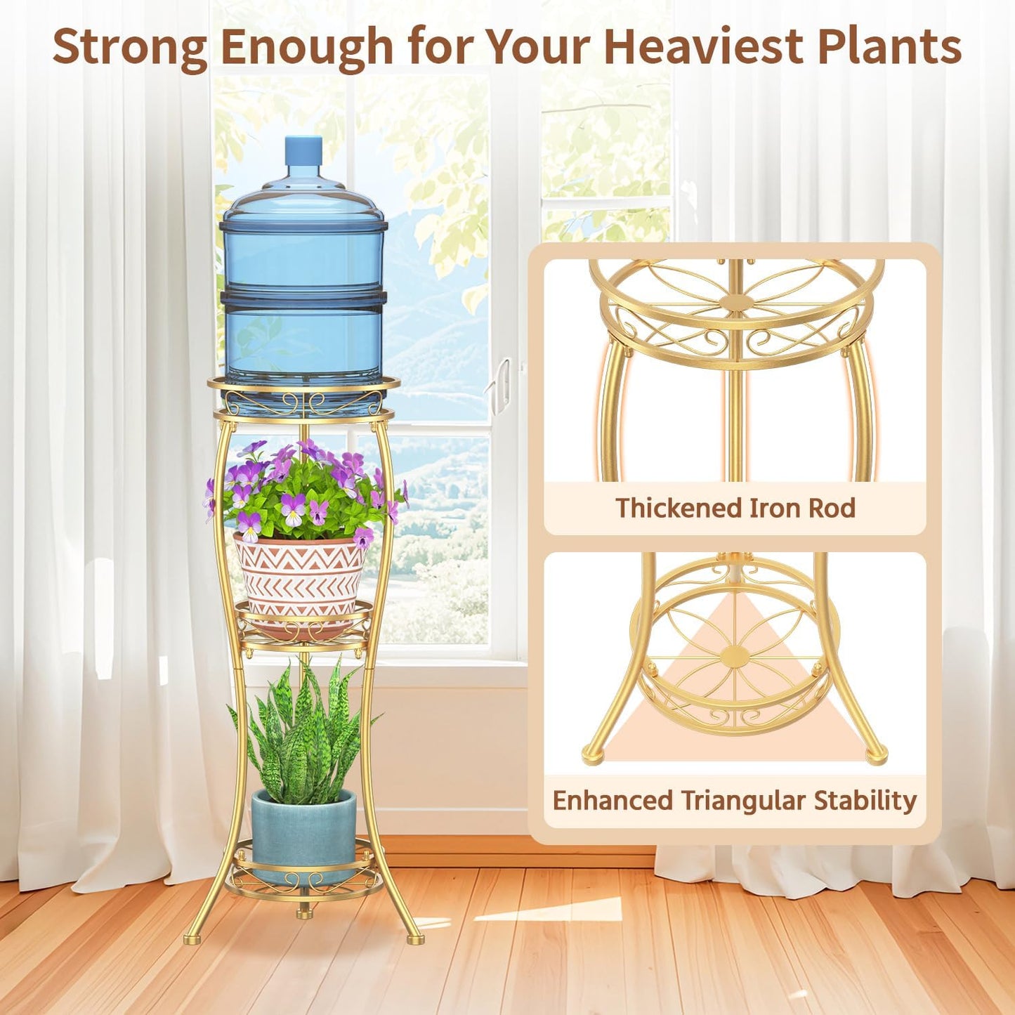 LASZOLA 3 Tiers Metal Corner Plant Flower Stand Tall Indoor Outdoor, Gold | Heavy Duty Small Holder Shelf for Multiple
