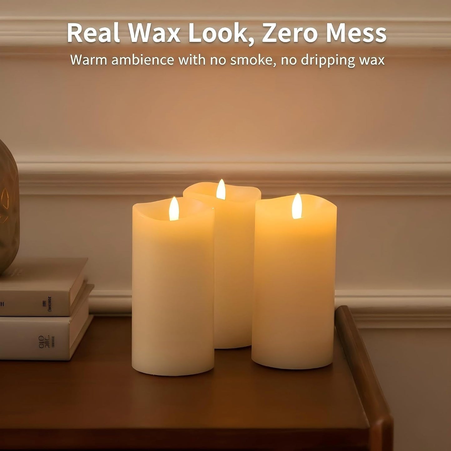 Real Wax Flameless Candles with Remote, 3 x 6 LED Pillar Candles | Flickering Battery Operated Candles with Timer