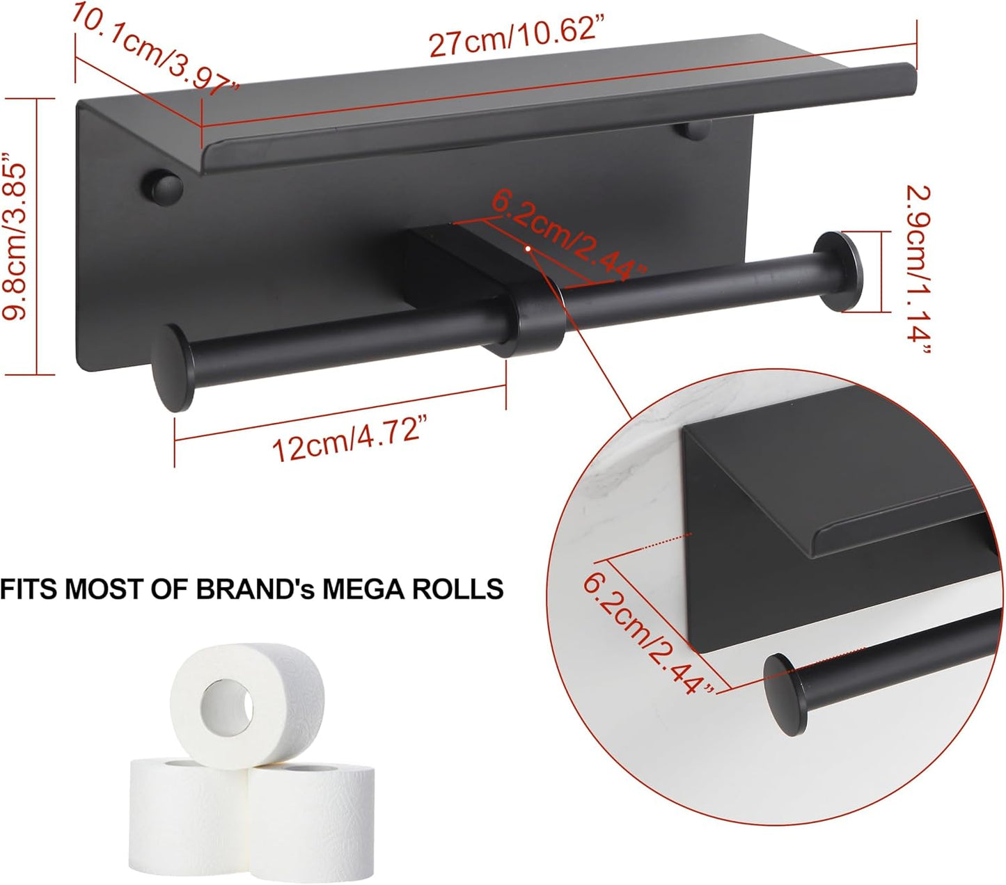 Black Toilet Paper Roll Holder with Shelf Wall Mounted for Bathroom (Black, Double Head)