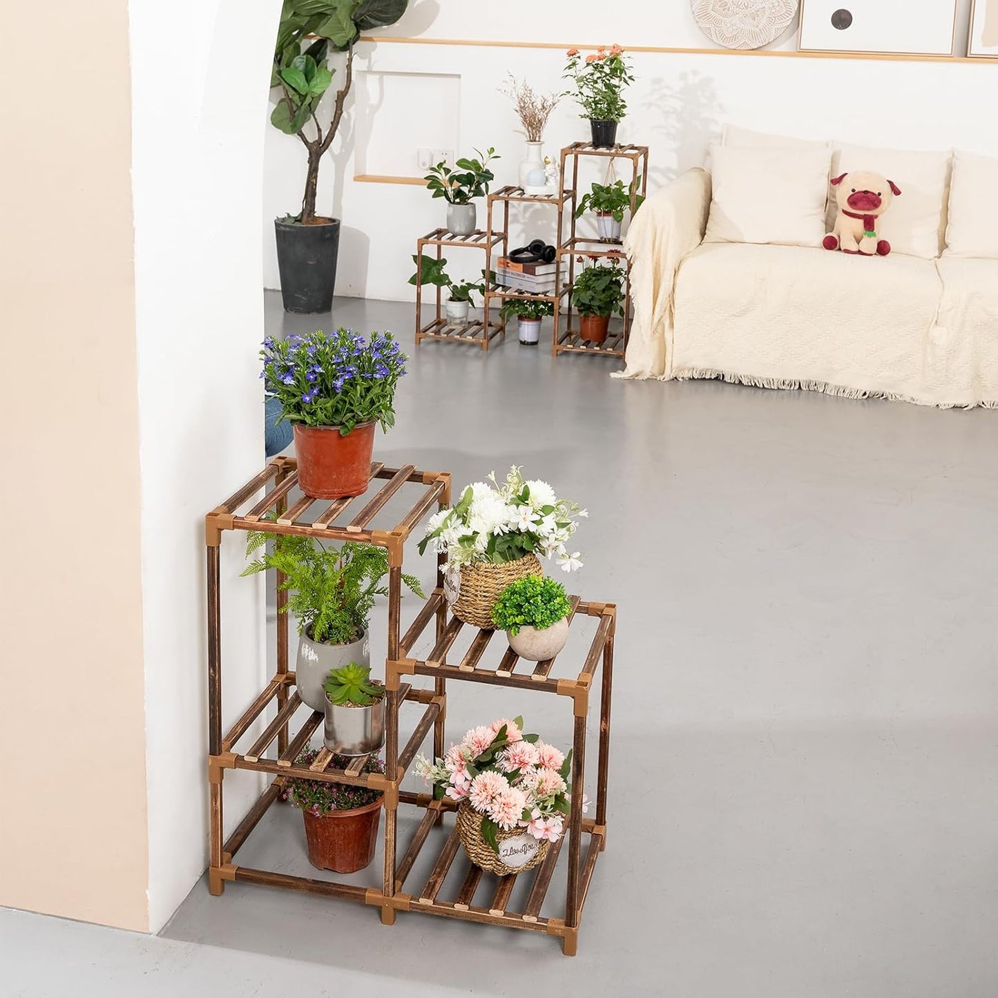 Plant Stand Indoor Outdoor, 10 Tiered Plant Shelf Wood Plant Rack | Tall Plant Holder for Multiple Plants, Combination