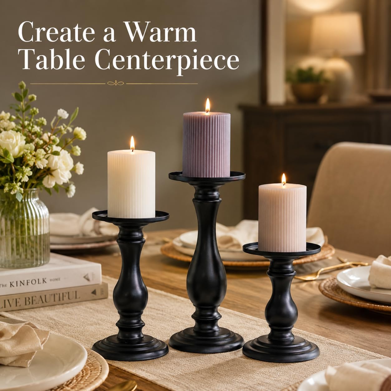 Matte Black Pillar Candle Holders Set of 3-10", 8", 6”H Candlestick Candle Holders Stand, Home Coffee Table Decor