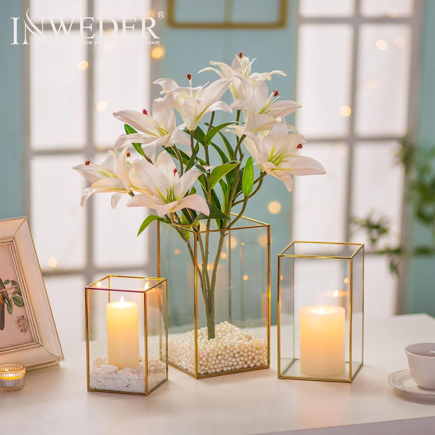 Hurricane Glass Candle Holder: Large Gold Lanterns Set of 3 | Geometric Design, 6.5/8.1/9.5 In Decorative Lanterns for
