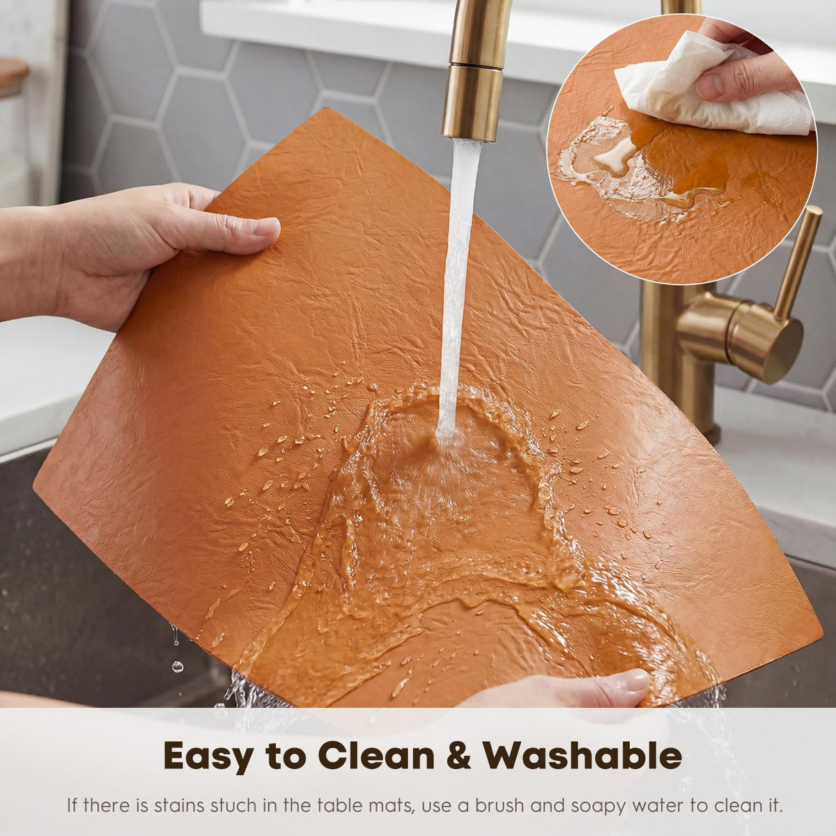 Artoid Mode Rust Faux Leather Placemats Set of 6, 12x18 Inch Waterproof Wipeable Heat Resistant Vinyl Place Mats