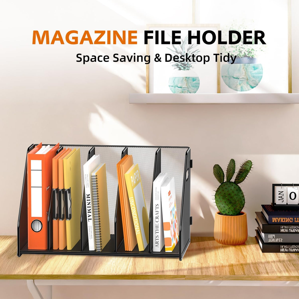 Binder Organizer, Magazine File Holder with 5 Vertical Rack, Black | Metal Desk File Organizer & Binder Holders