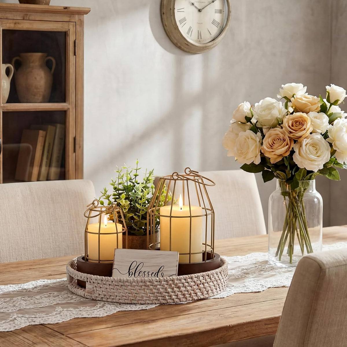 Modern Rustic Farmhouse Candle Lantern Set of 5, Small, Gold, Burlywood | Decorative Lanterns Centerpieces with Tray