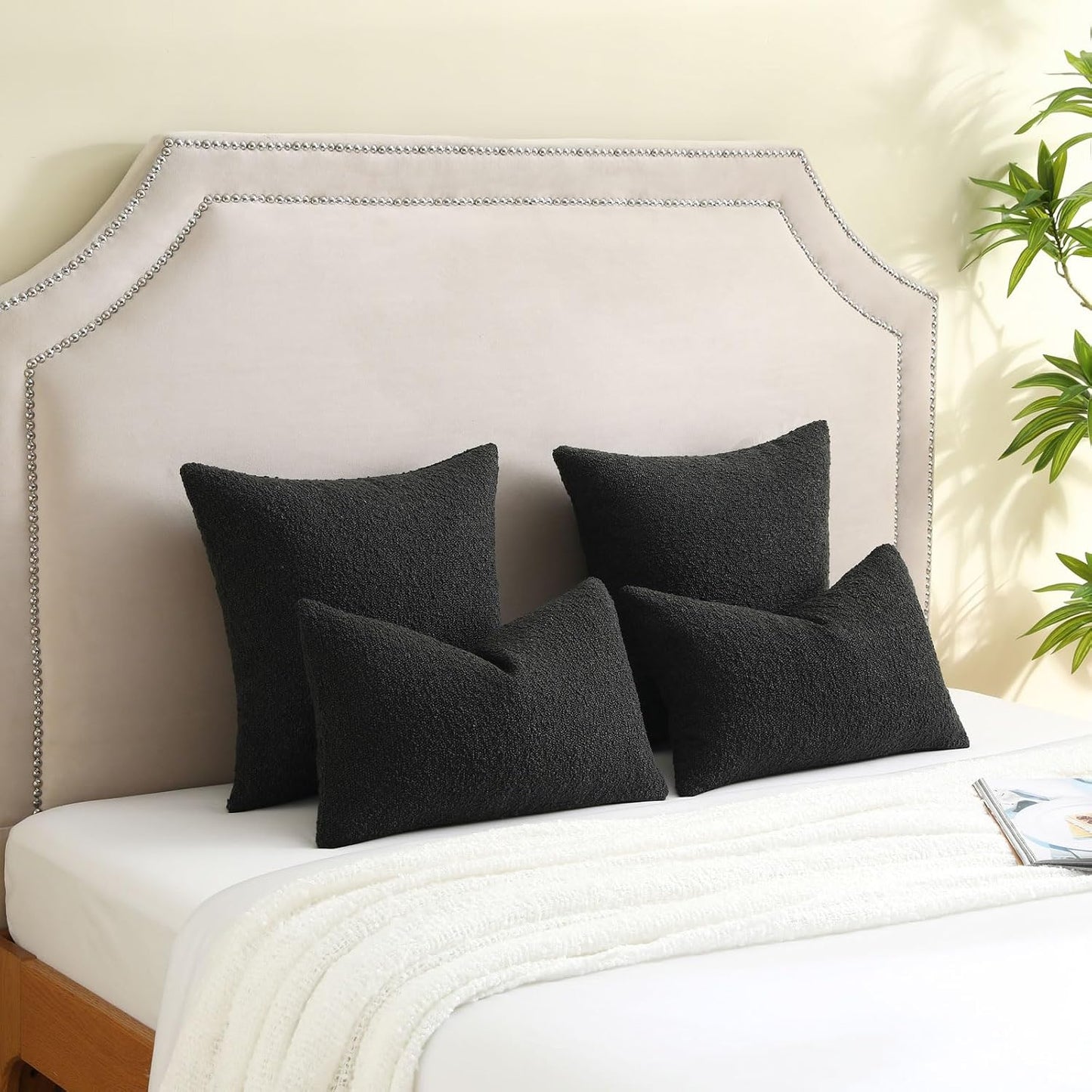 Decorative Throw Pillow Covers Soft Solid Boucle Textured Cushion Case / Black / 18 x 18 / Set of 2