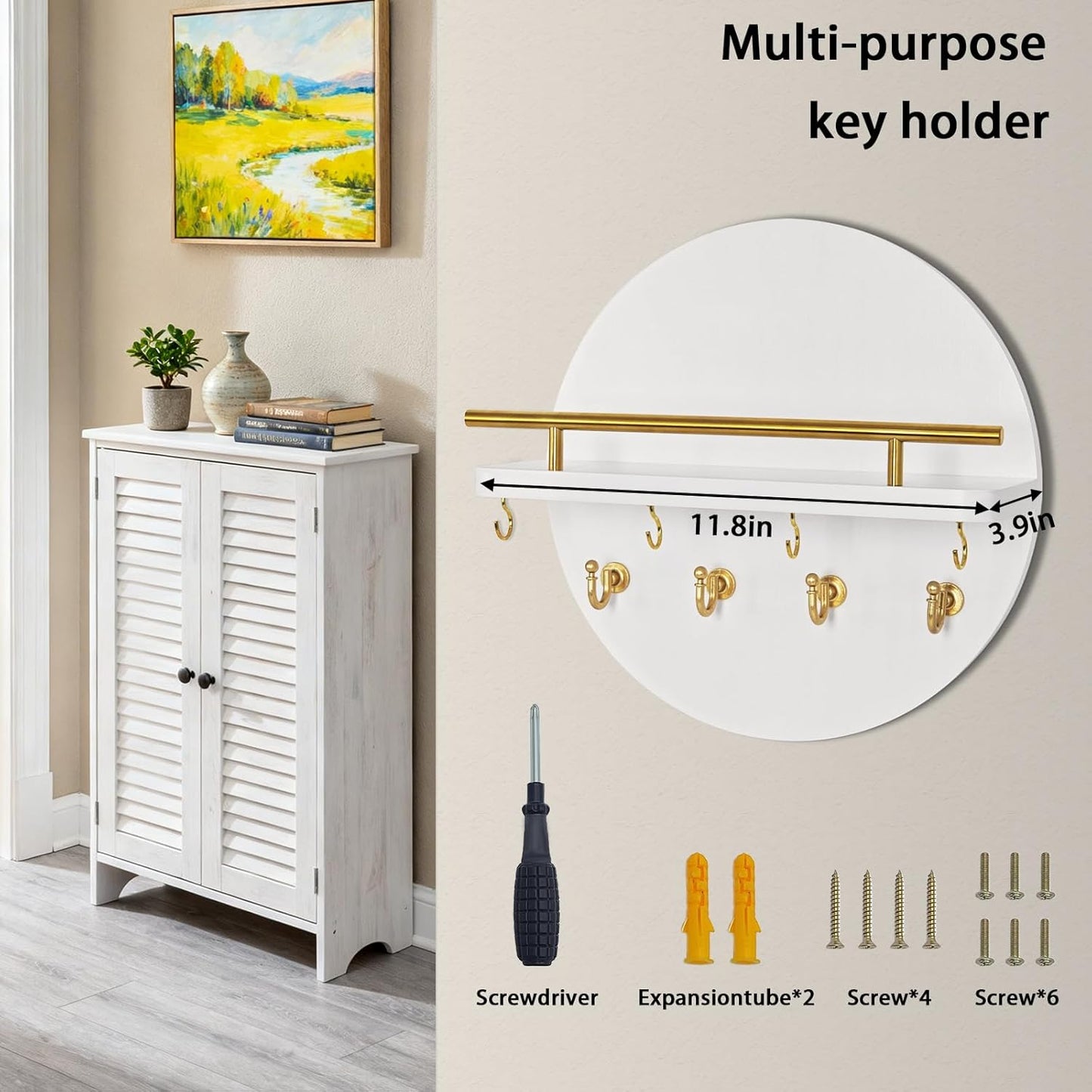 Shelf and Hooks / White&gold / 11.8 Inch