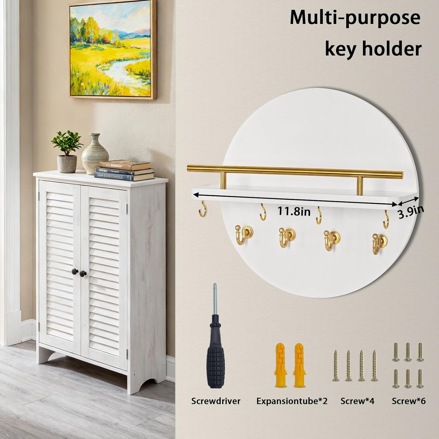 Shelf and Hooks / White&gold / 11.8 Inch