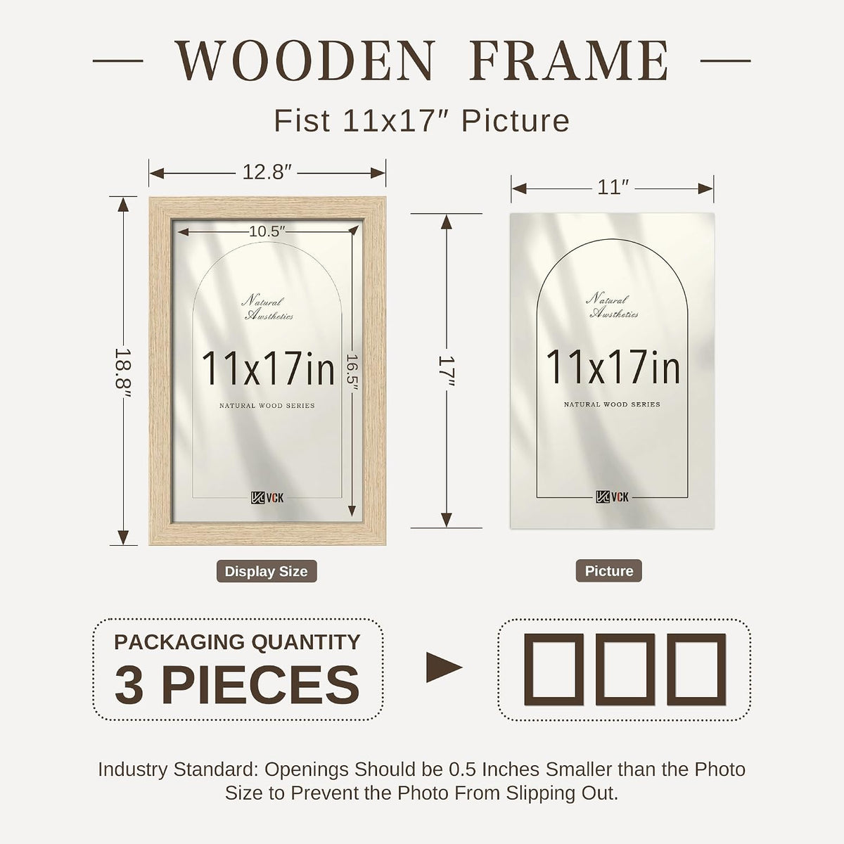 VCK 11x17 Picture Frames Set of 3, Natural Oak Woodgrain, Wall Hanging | Wide Border, Exclusive Woodgrain, Shatterproof