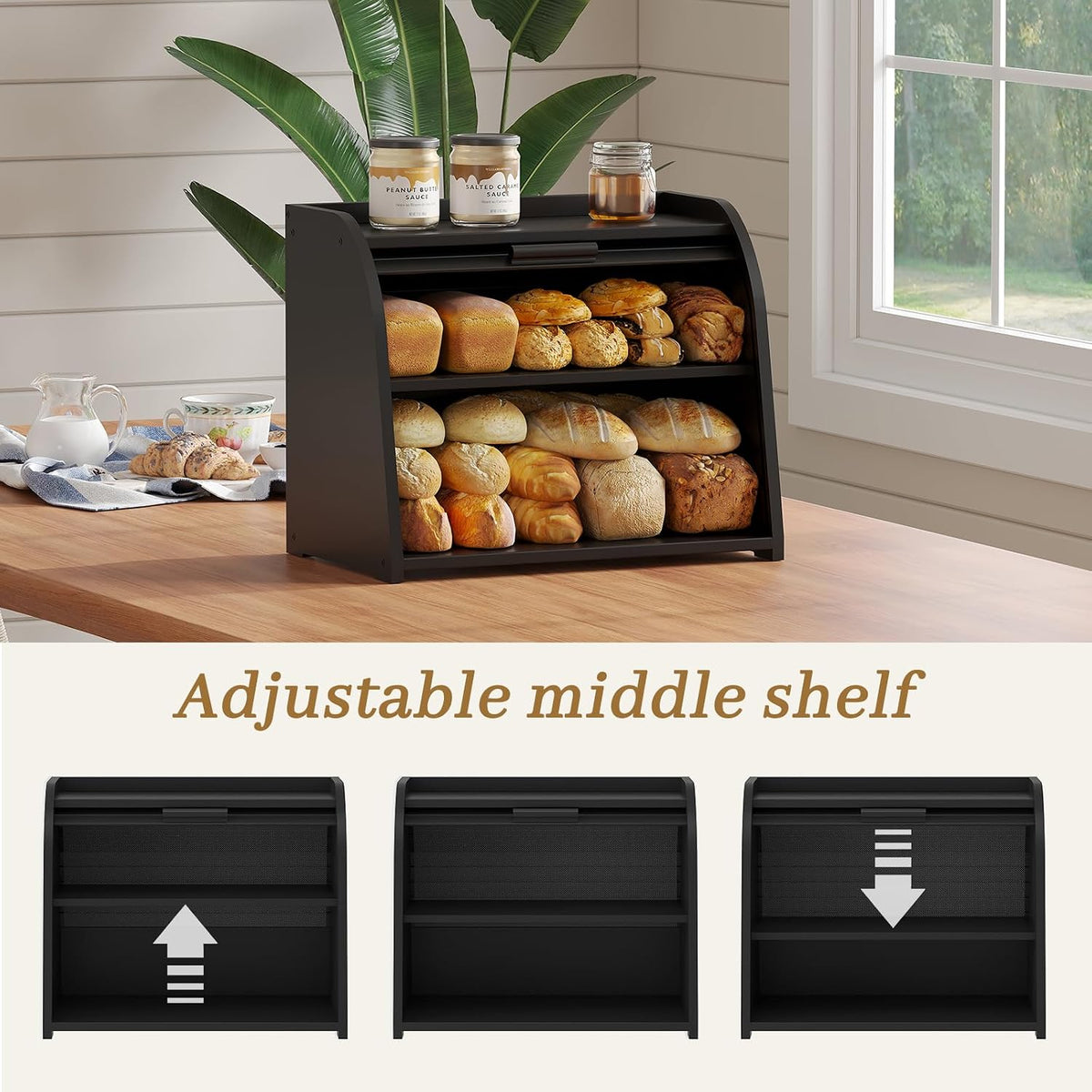 Kitsanery Bread Box for Kitchen Countertop, Bamboo Bread Storage, Double-Layer Roll-Top Bread Container, Farmhouse