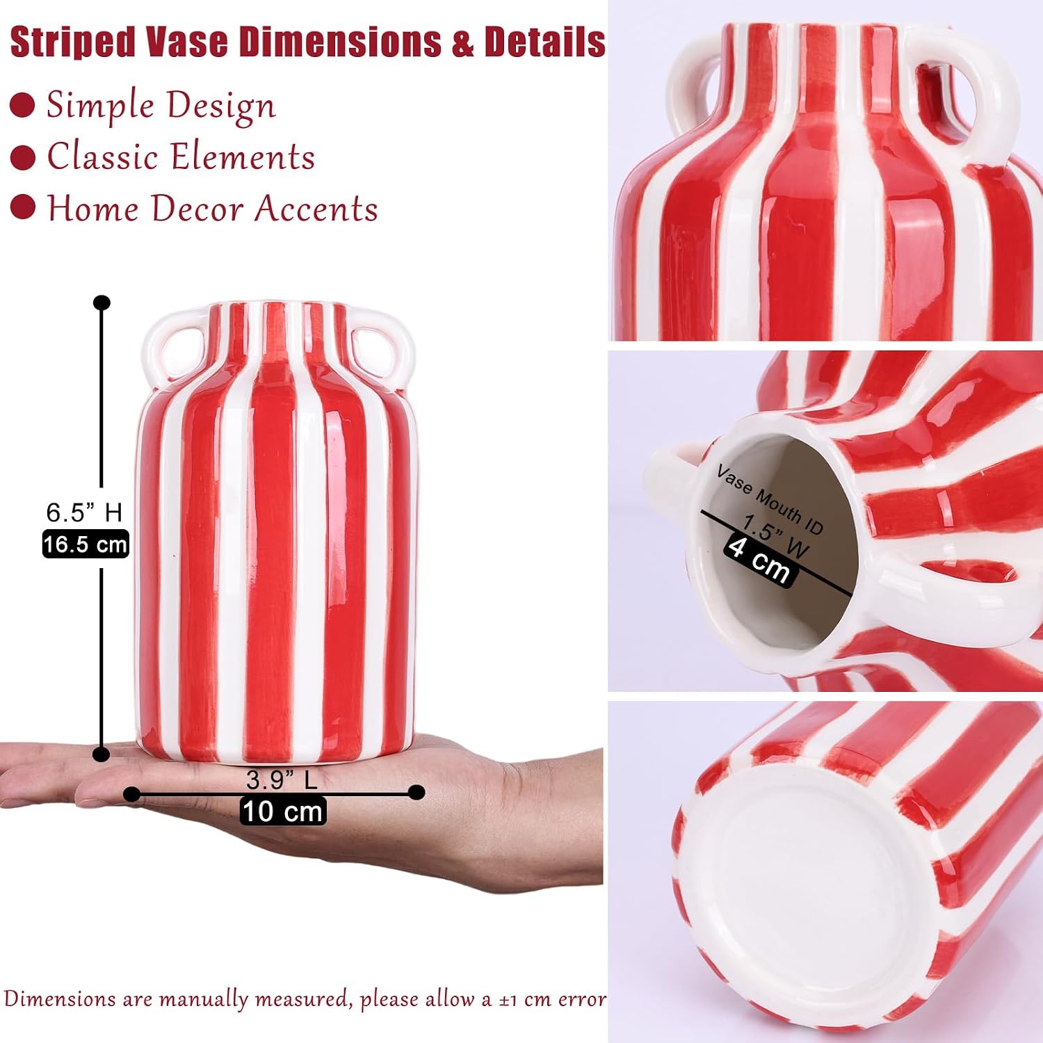 Ceramic Striped Checkered Vase / Red White
