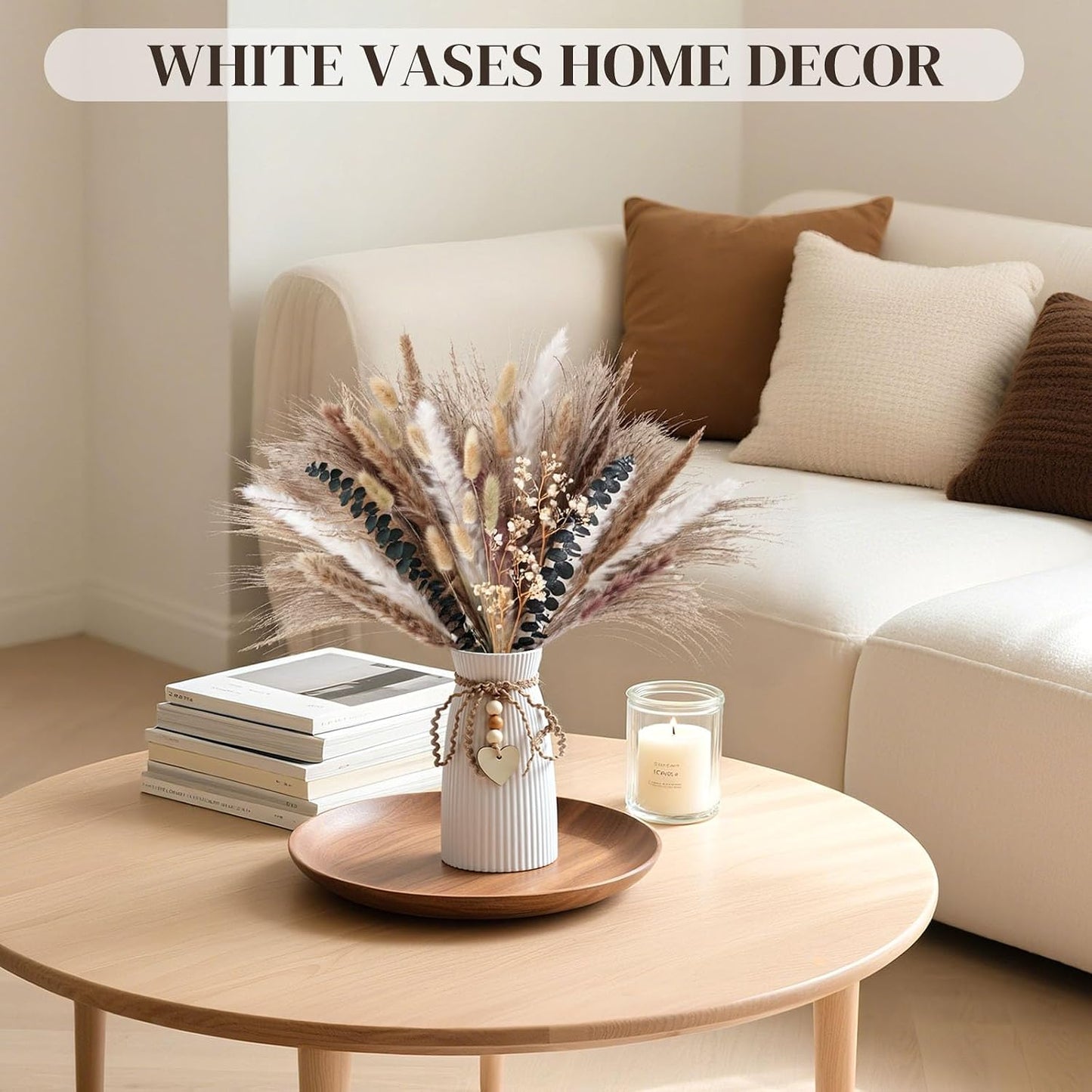 Ceramic Vase / 6.3" Tall Small Flower Vase for Pampas Grass / White