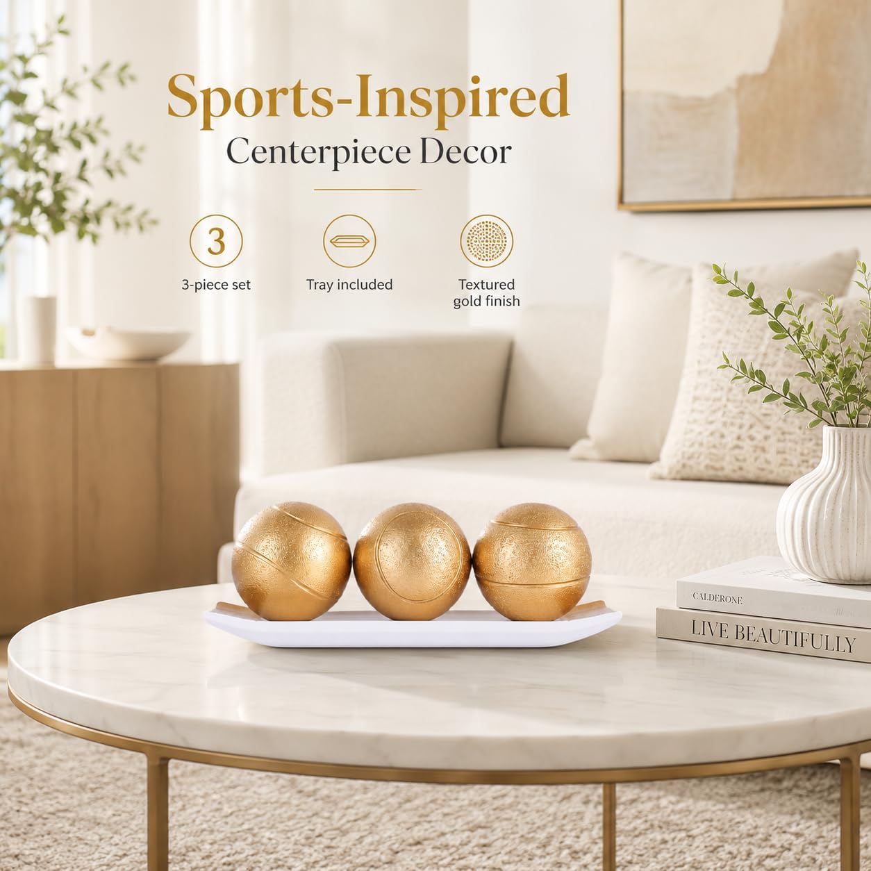 Small Decorative Tray and Orbs Balls Set / White Gold