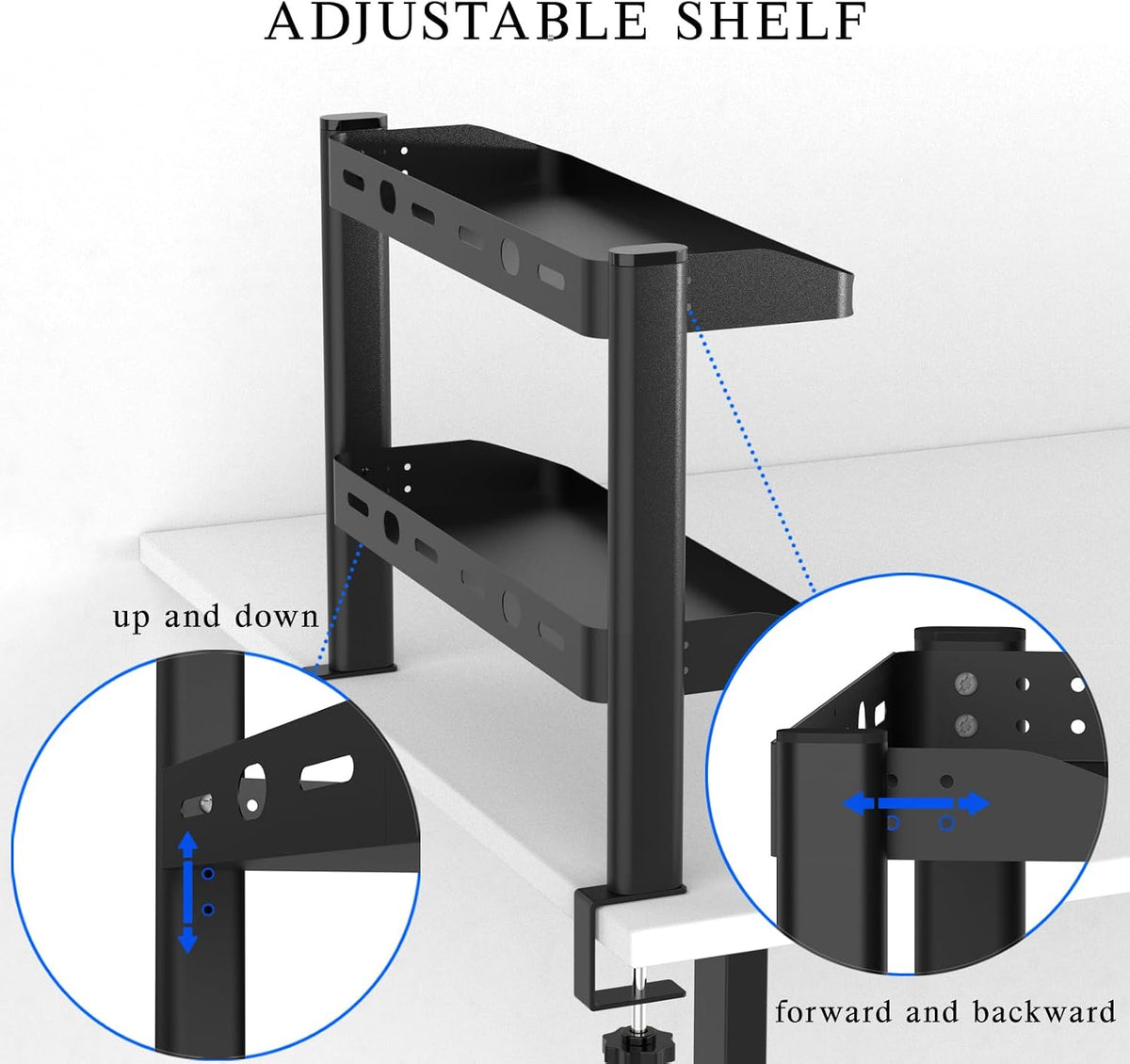 Clamp on Desk Shelf, 17in 2-Tier Office Desk Shelves Organizer, Small Shelf for Top of Desk with Headphone Holder and