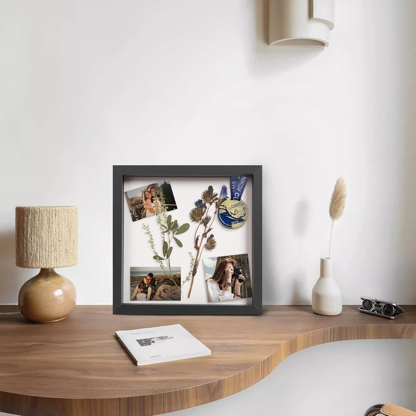 QDSSDECO 12x12 Shadow Box Frame with Linen Backboard & Real Glass, Wood Display Case, Deep Showcase to Hang The Photos