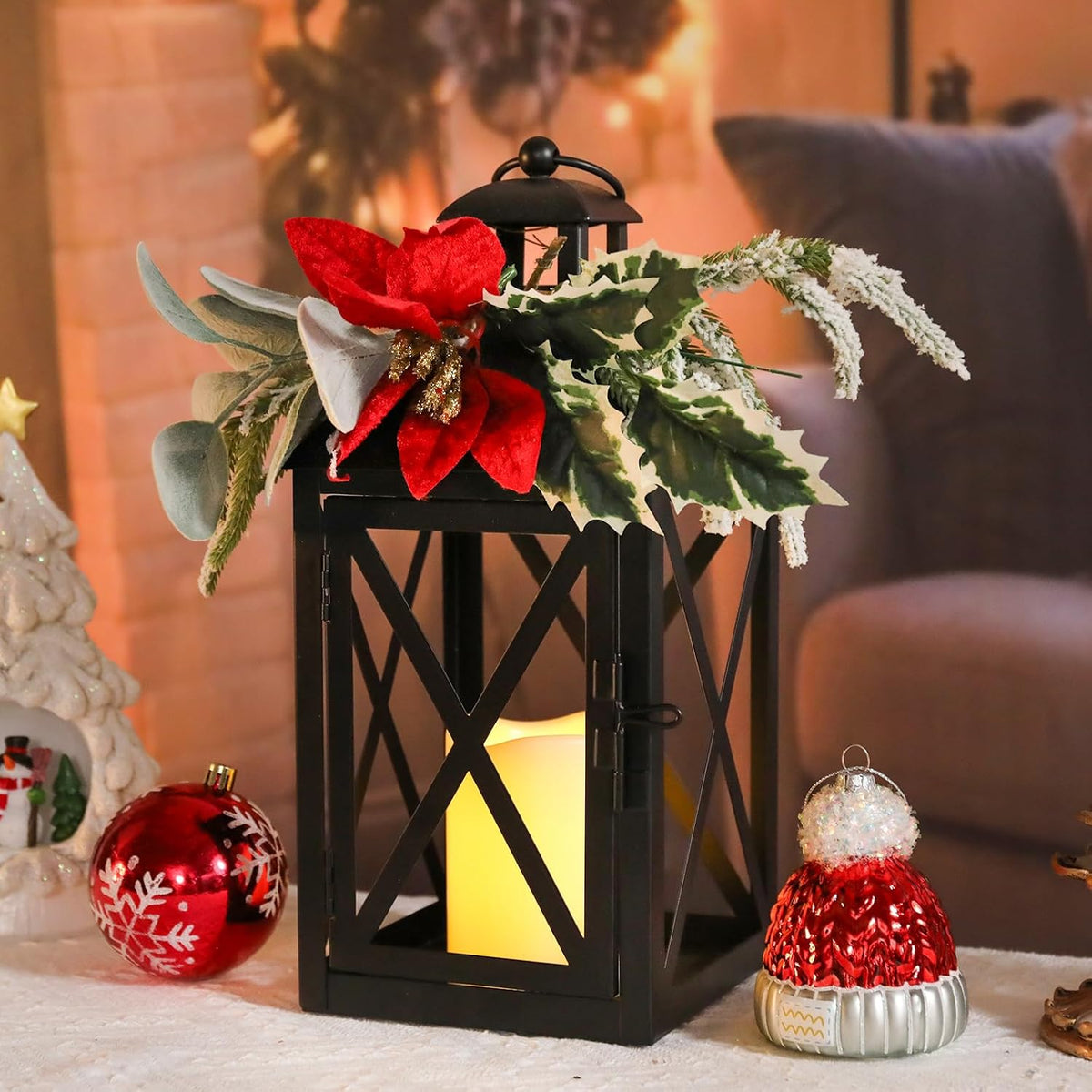 Christmas Decorative Lanterns 2 Pack 12 Inch with Timer Candles Xmars Decor | 12 inch black metal Christmas lanterns