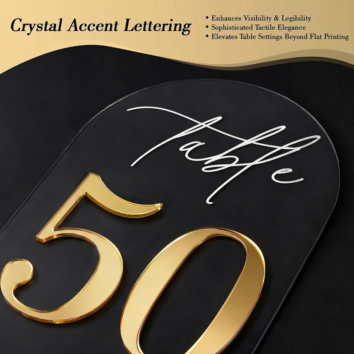 Crystal Clear Acrylic Wedding Table Numbers 31-50 Set, Self-Standing Modern Arched Wedding Signs for Reception Seating