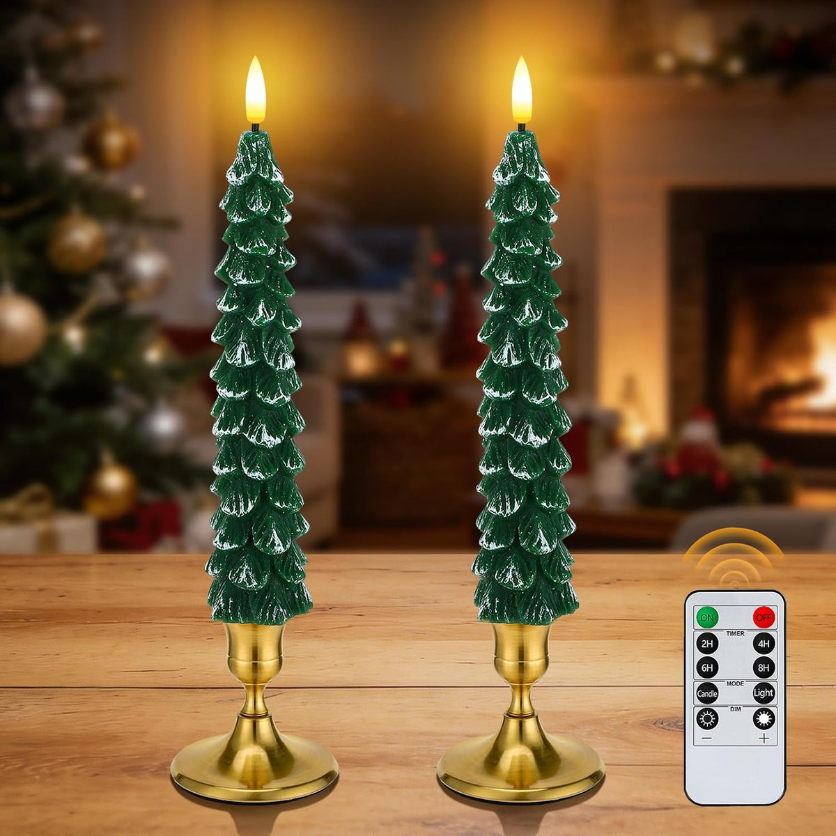 2 Pack Christmas Tree Candles - Real Wax Flameless Taper Candles, 9.7in Green Candlesticks for Home Table Metal Xmas Holiday Indoor Decorations Gifts