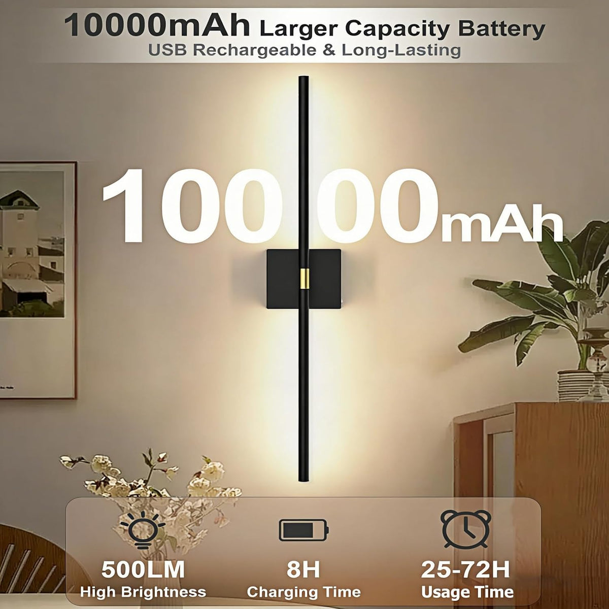 Battery Operated Wall Sconces Set of 2: 10000mAh Rechargeable Wireless Wall Lights, 360° Rotatable Magnetic Wall Lamp