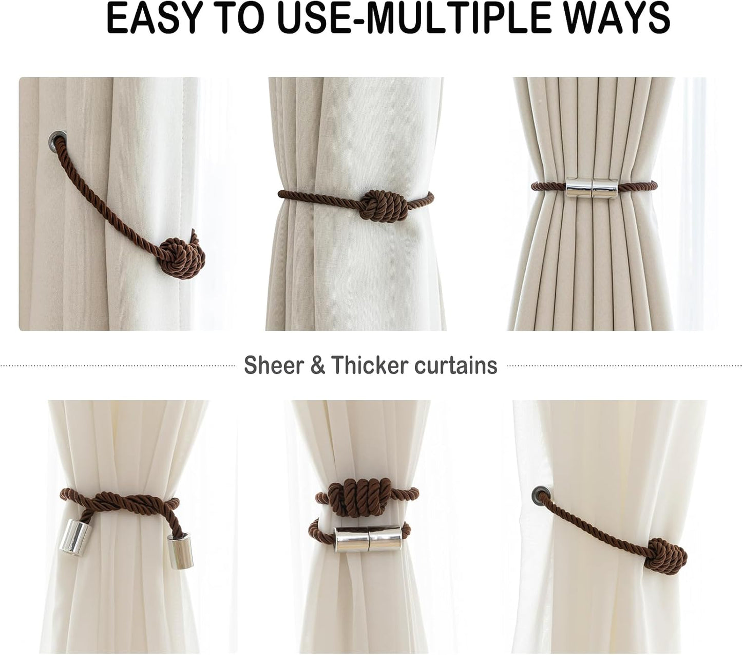 Curtain Tiebacks Magnetic Decorative Rope Tie Backs Holdbacks Contoeey | 8 Pack Coffee Modern Elegant Window Treatment