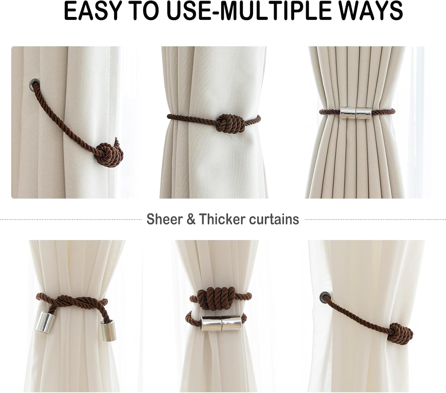 Curtain Tiebacks Magnetic Decorative Rope Tie Backs Holdbacks Contoeey | 8 Pack Coffee Modern Elegant Window Treatment