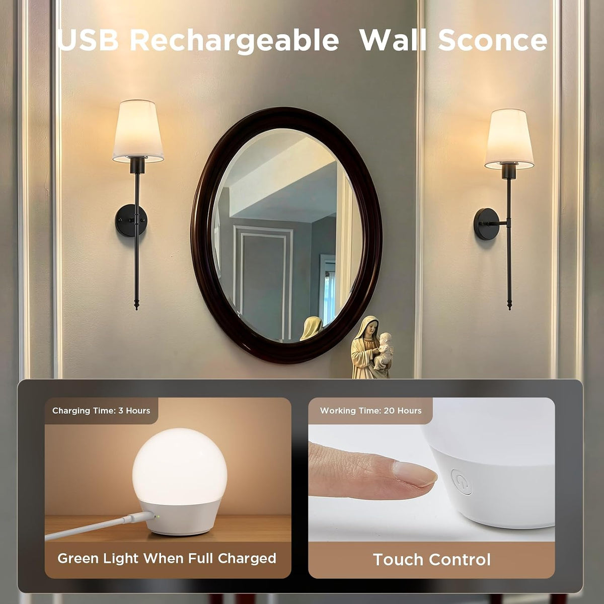Brightown Battery Operated Wall Sconces Set of 2,Black Sconces Wall Decor | RGBWW Rechargeable Wall Lights with