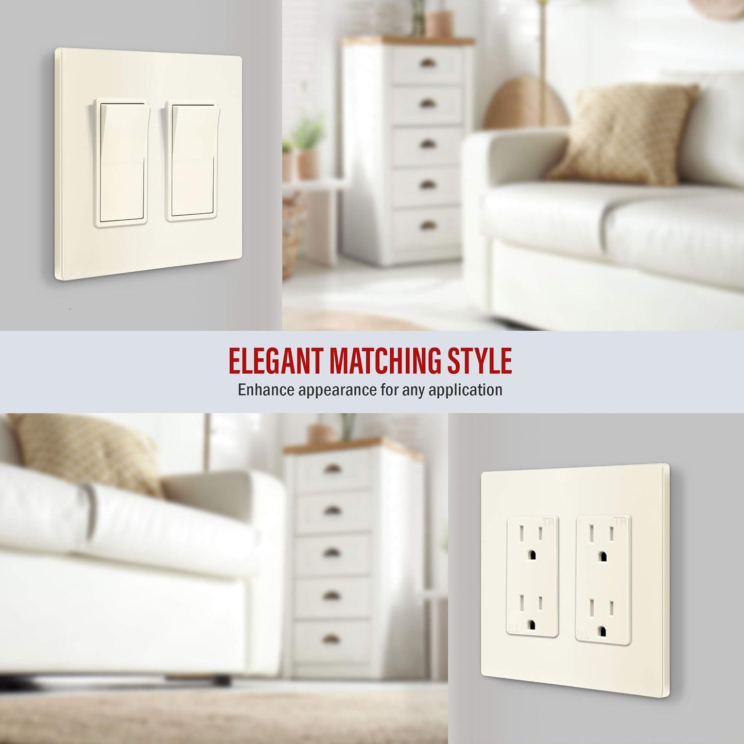 ENERLITES 2-Gang Light Almond Screwless Decorator Wall Plate Outlet Cover | 10 Pack, Size 4.68" x 4.73", Fits light