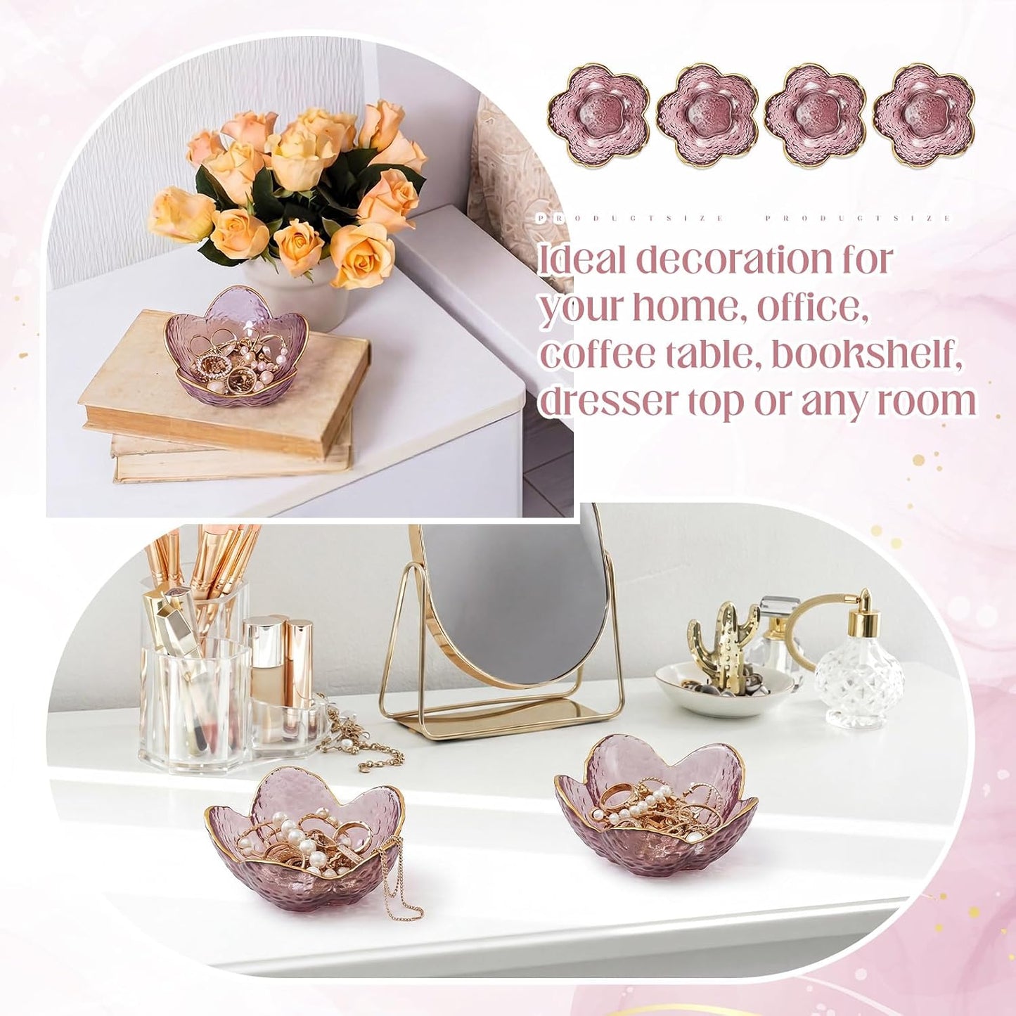 Jewelry Dish Small Flower Ring Holder Trinket Tray for Earrings Key / Purple / Glass / Set of 4