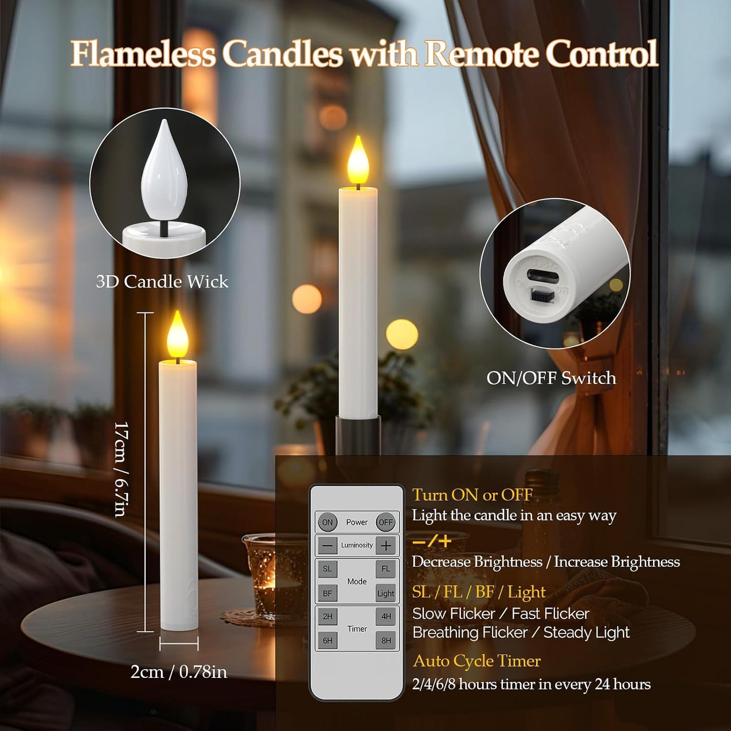 PChero Rechargeable Flameless Taper Candles with Charging Station, 10 Pack | 0.78*6.7, 200H+ Runtime, LED Candles